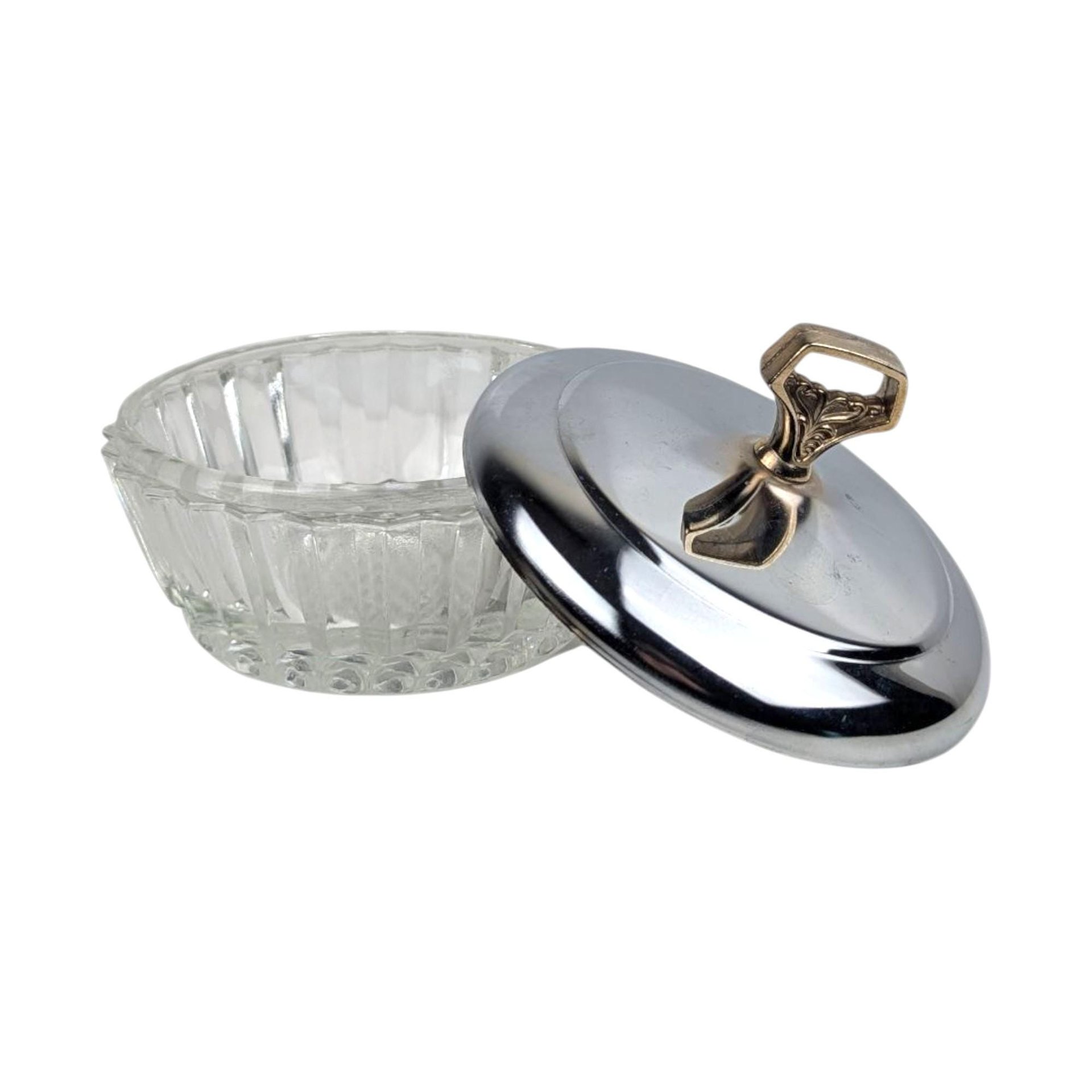 Vintage Glass Powder Jar: Mid-Century Vanity Box with Chrome Lid