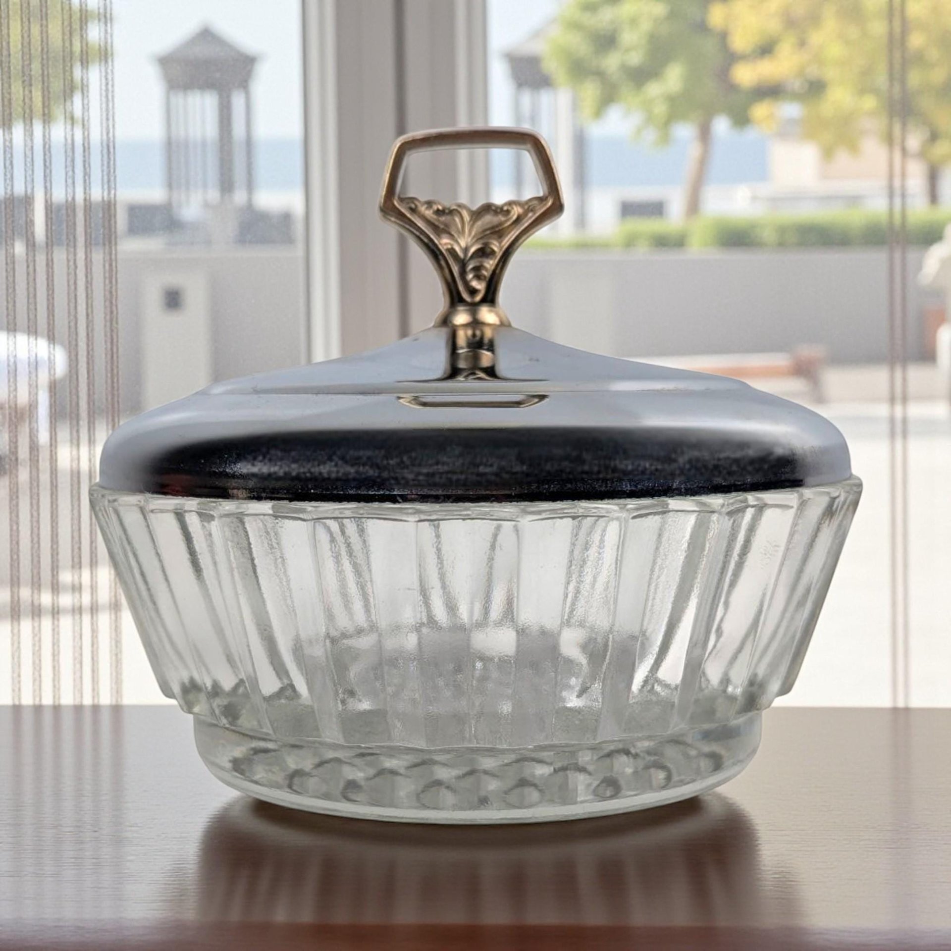 Vintage Glass Powder Jar: Mid-Century Vanity Box with Chrome Lid