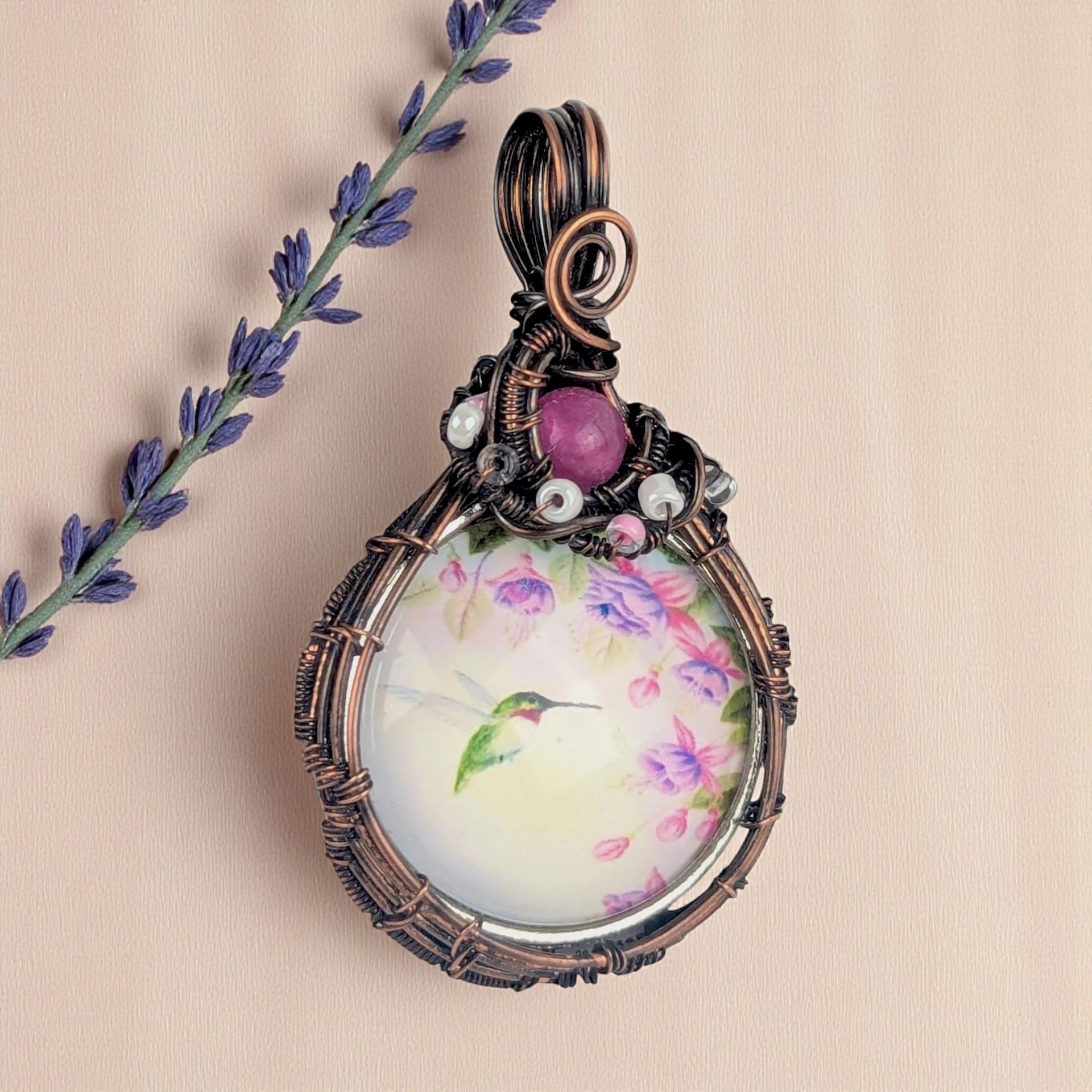 Handmade Copper Wire Wrapped Pendant: Hummingbird Garden Jewelry