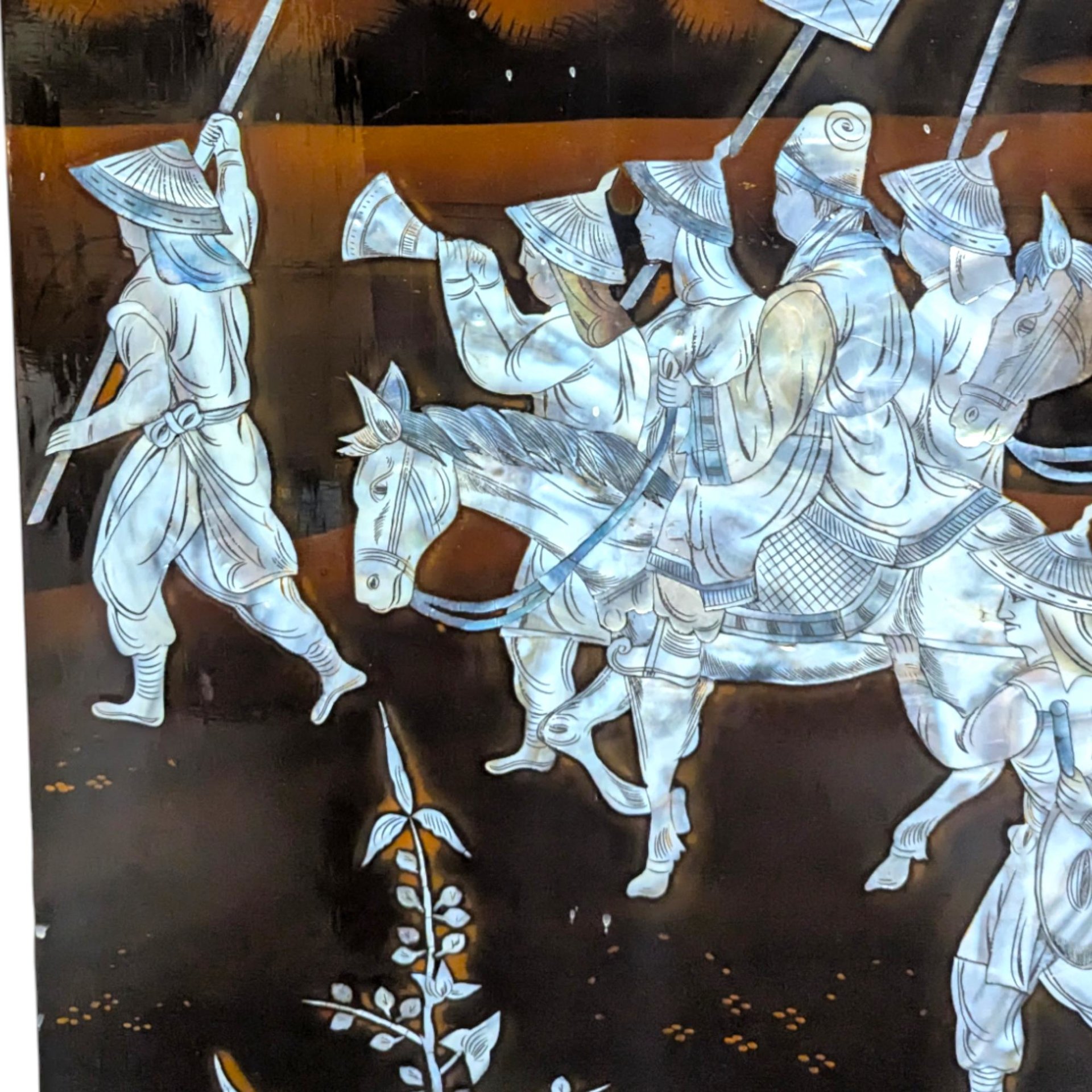 Vintage Vietnamese Mother of Pearl Panel: Imperial Procession Lacquerware Wall Art