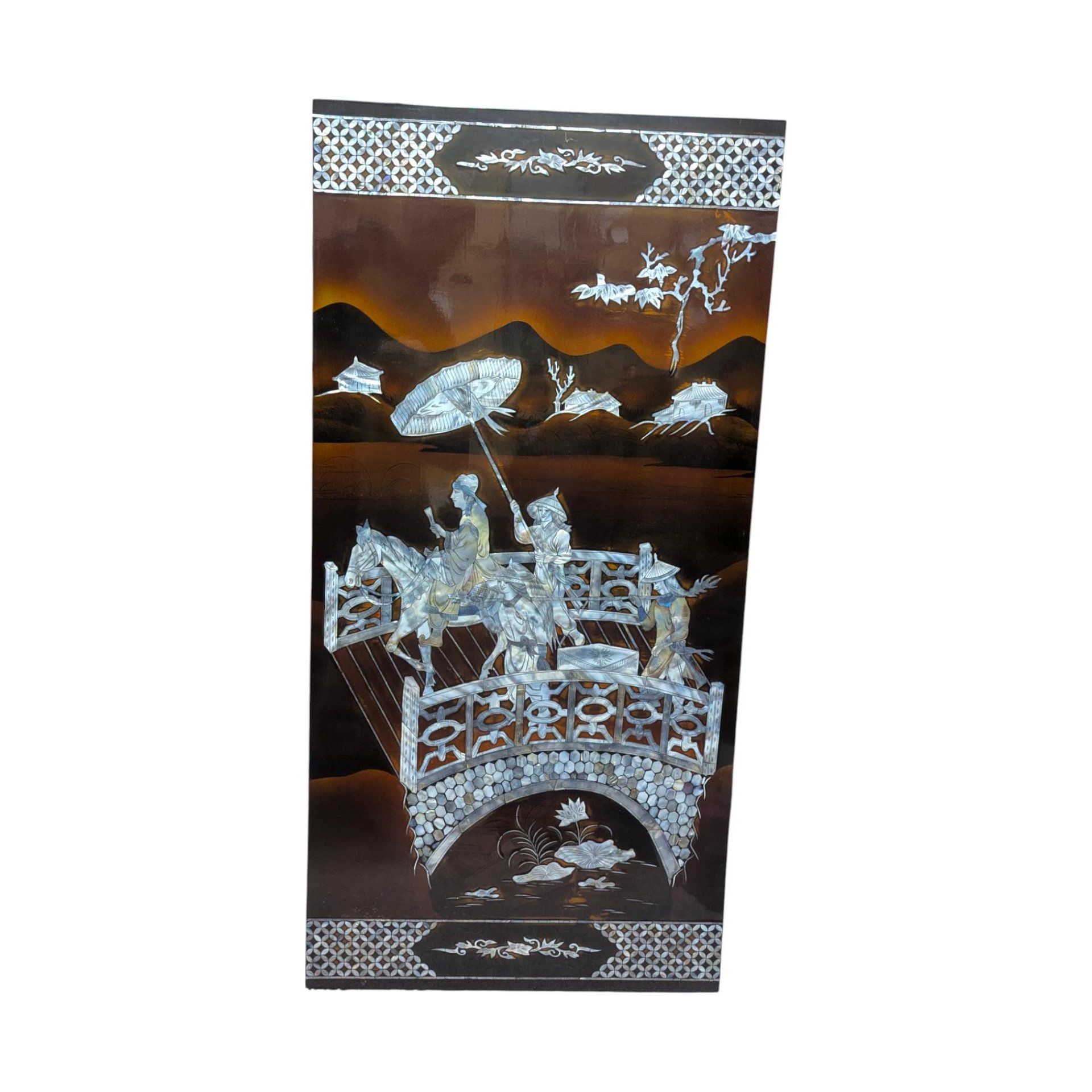 Vintage Vietnamese Mother of Pearl Panel: Bridge Crossing Lacquerware Art