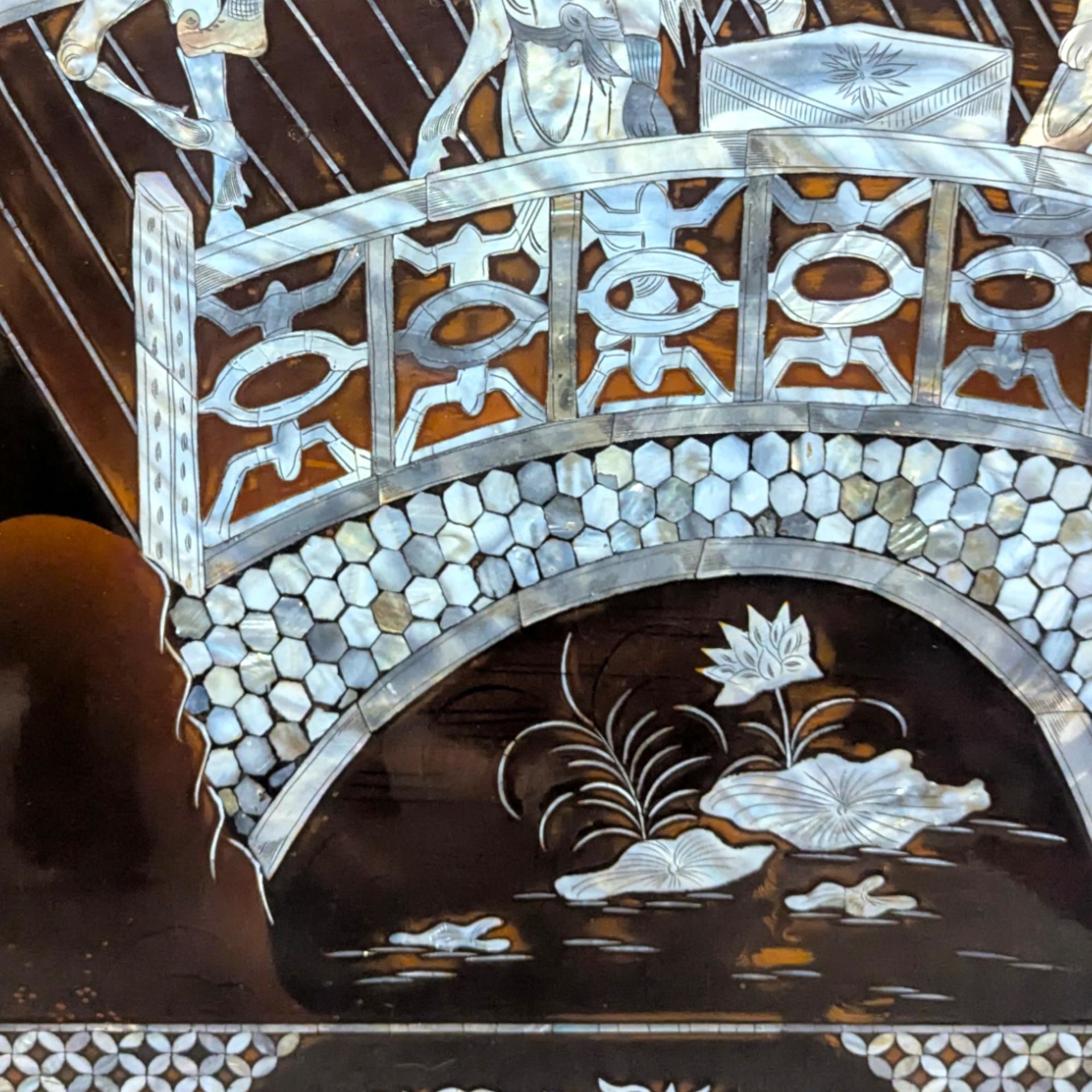 Vintage Vietnamese Mother of Pearl Panel: Bridge Crossing Lacquerware Art