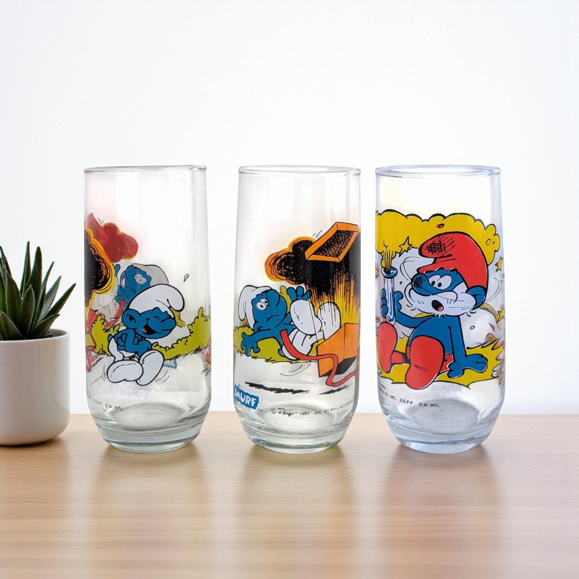 Vintage 1982 Smurf Tumblers: Papa, Jokey, Gargamel - Set of 3