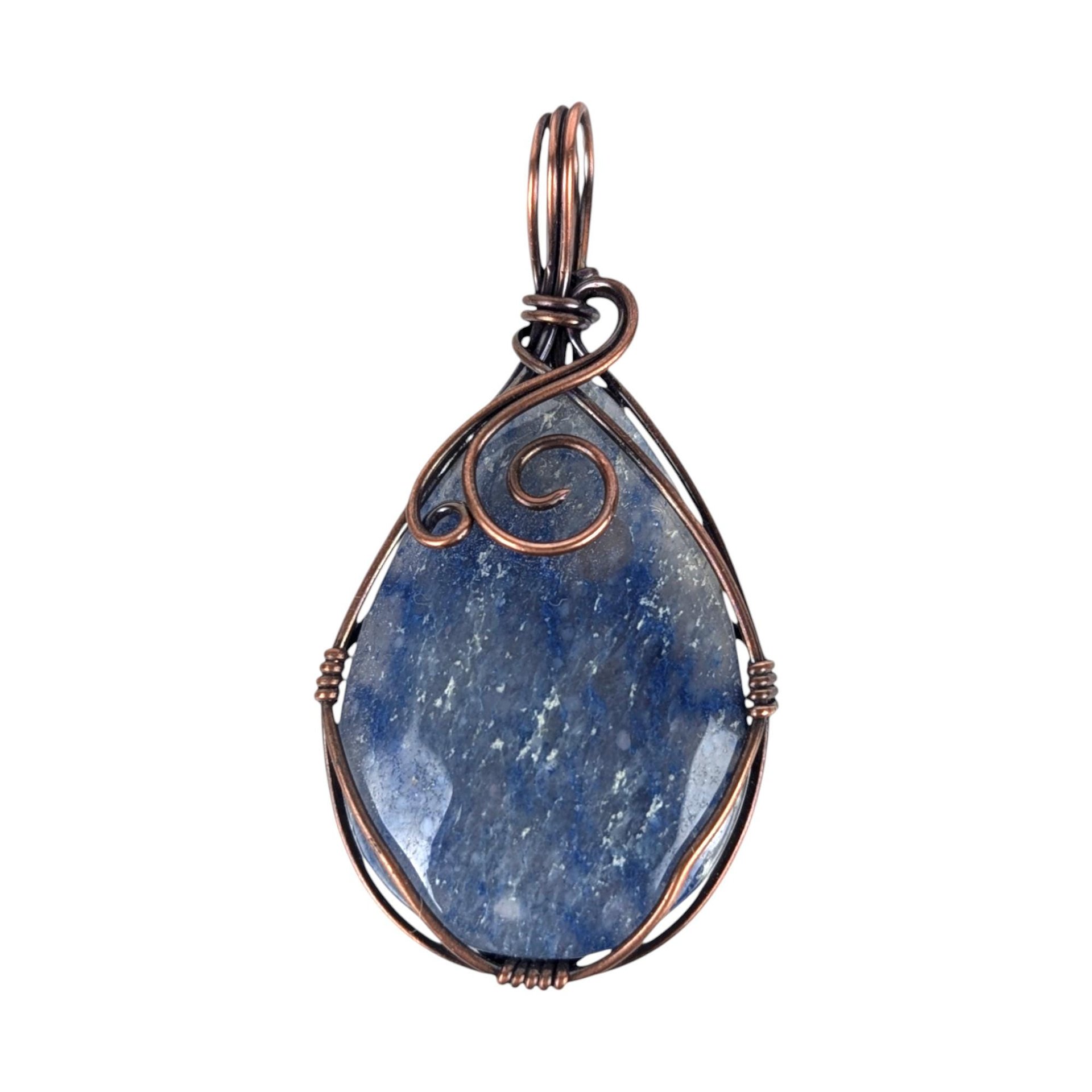 Copper Wire Wrapped Blue Quartz Pendant: Handmade Teardrop Gemstone Jewelry
