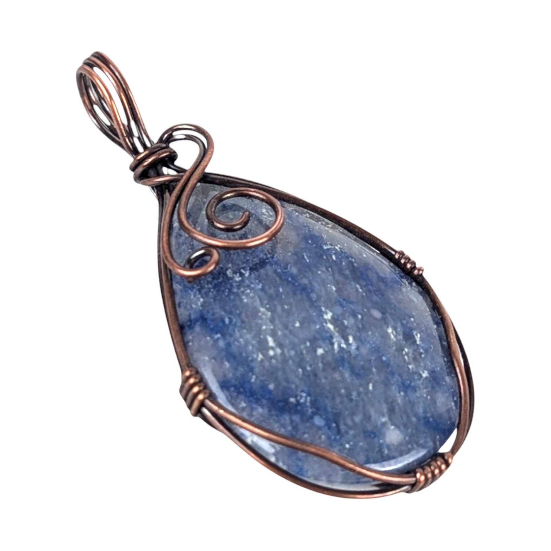 Copper Wire Wrapped Blue Quartz Pendant: Handmade Teardrop Gemstone Jewelry