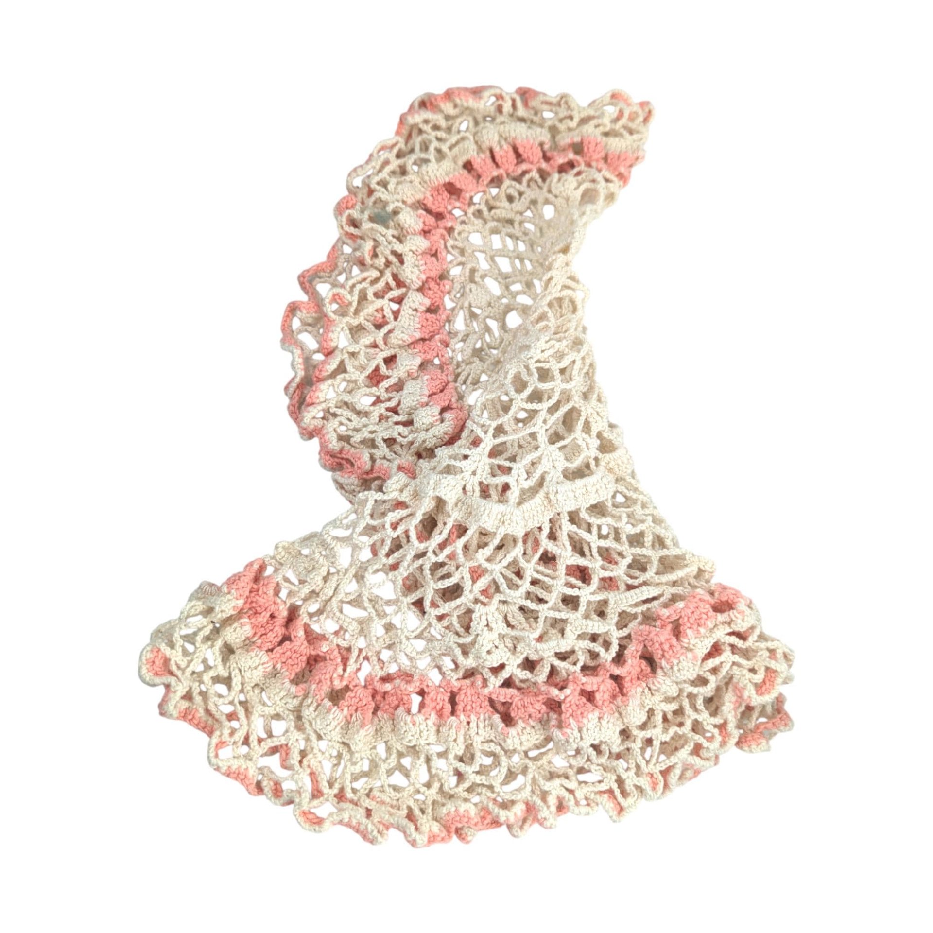 Vintage Crocheted Doily: Large Cream & Pink Hand-Knit Lace Centerpiece