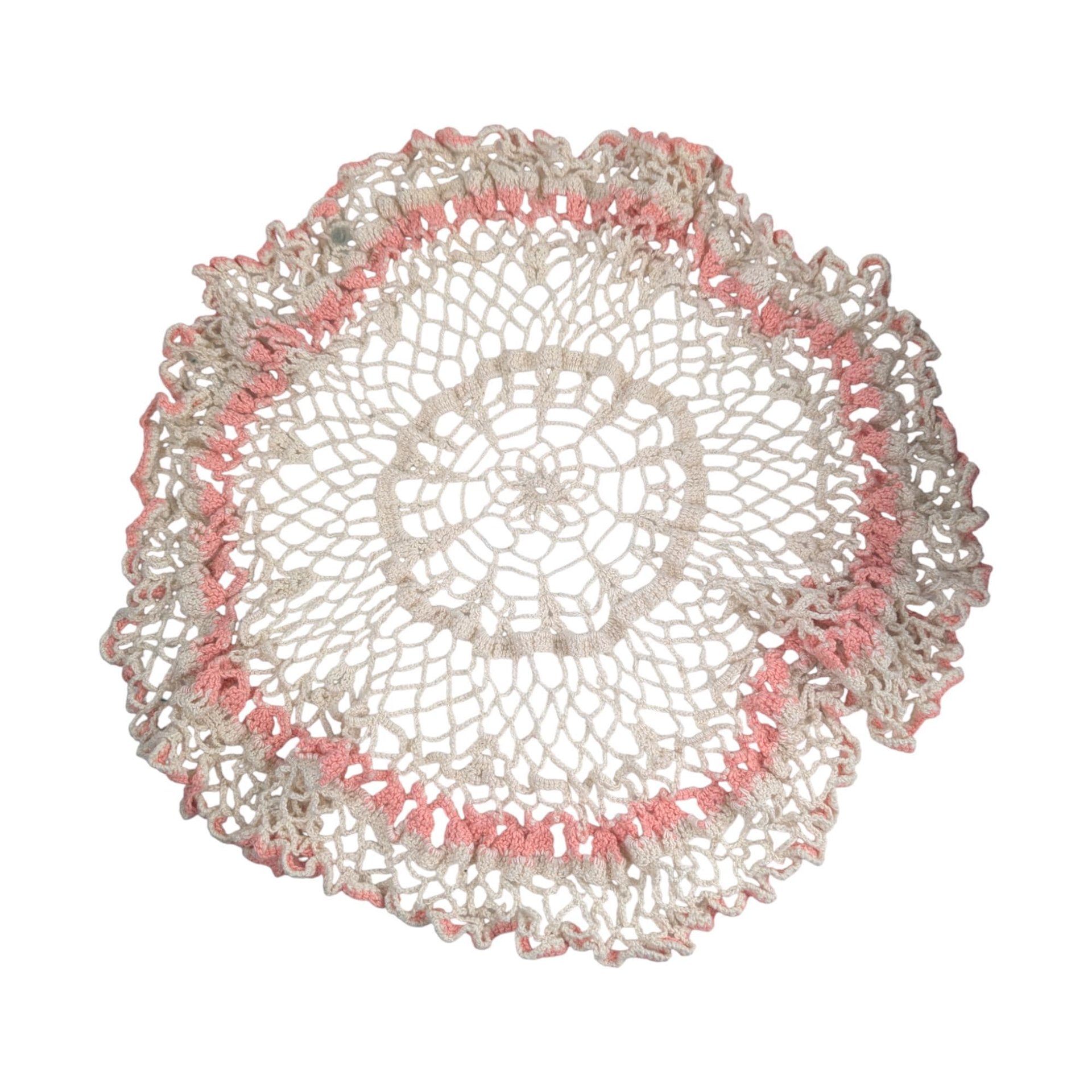 Vintage Crocheted Doily: Large Cream & Pink Hand-Knit Lace Centerpiece