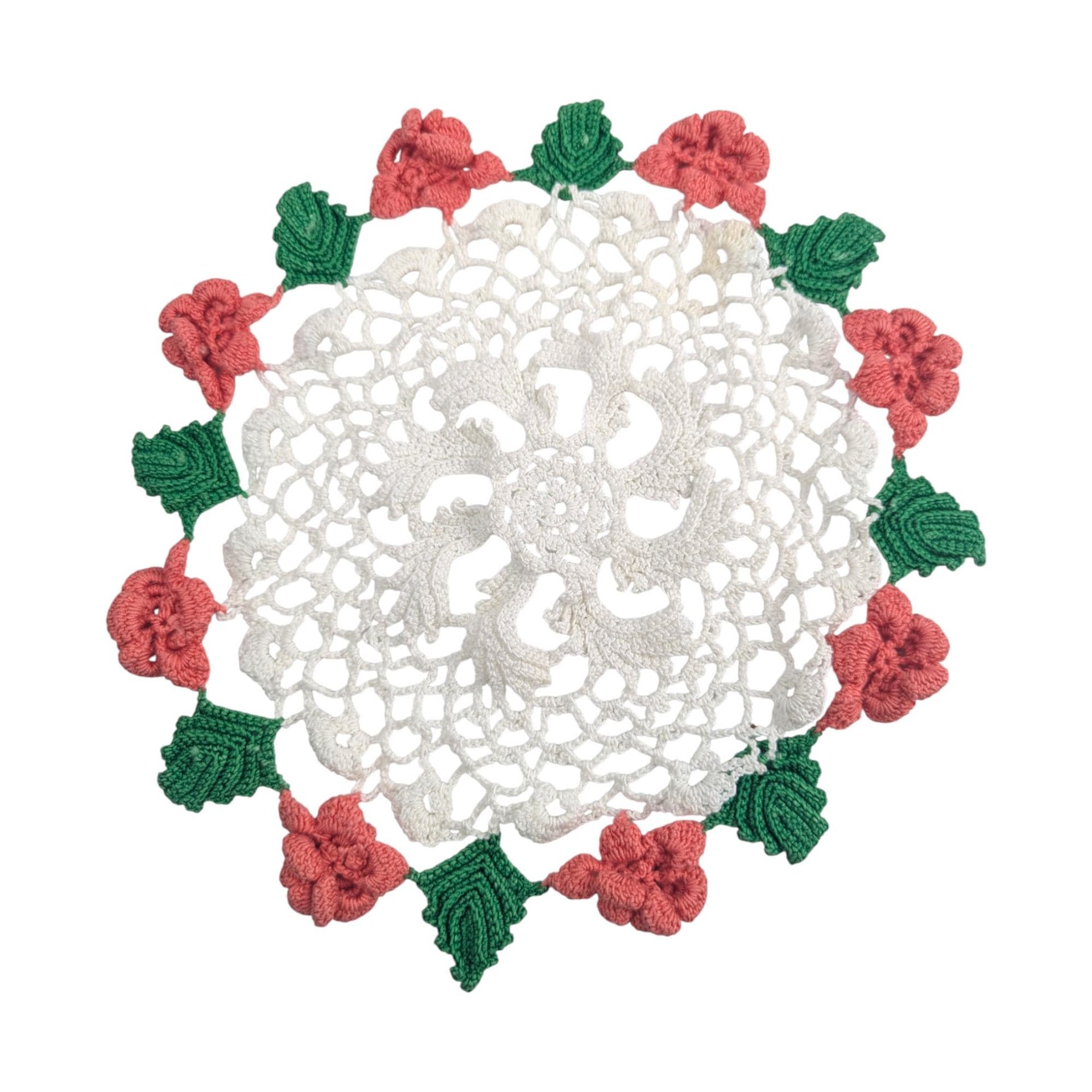 Vintage Handmade Burgundy and Rose White Crochet Doily Set