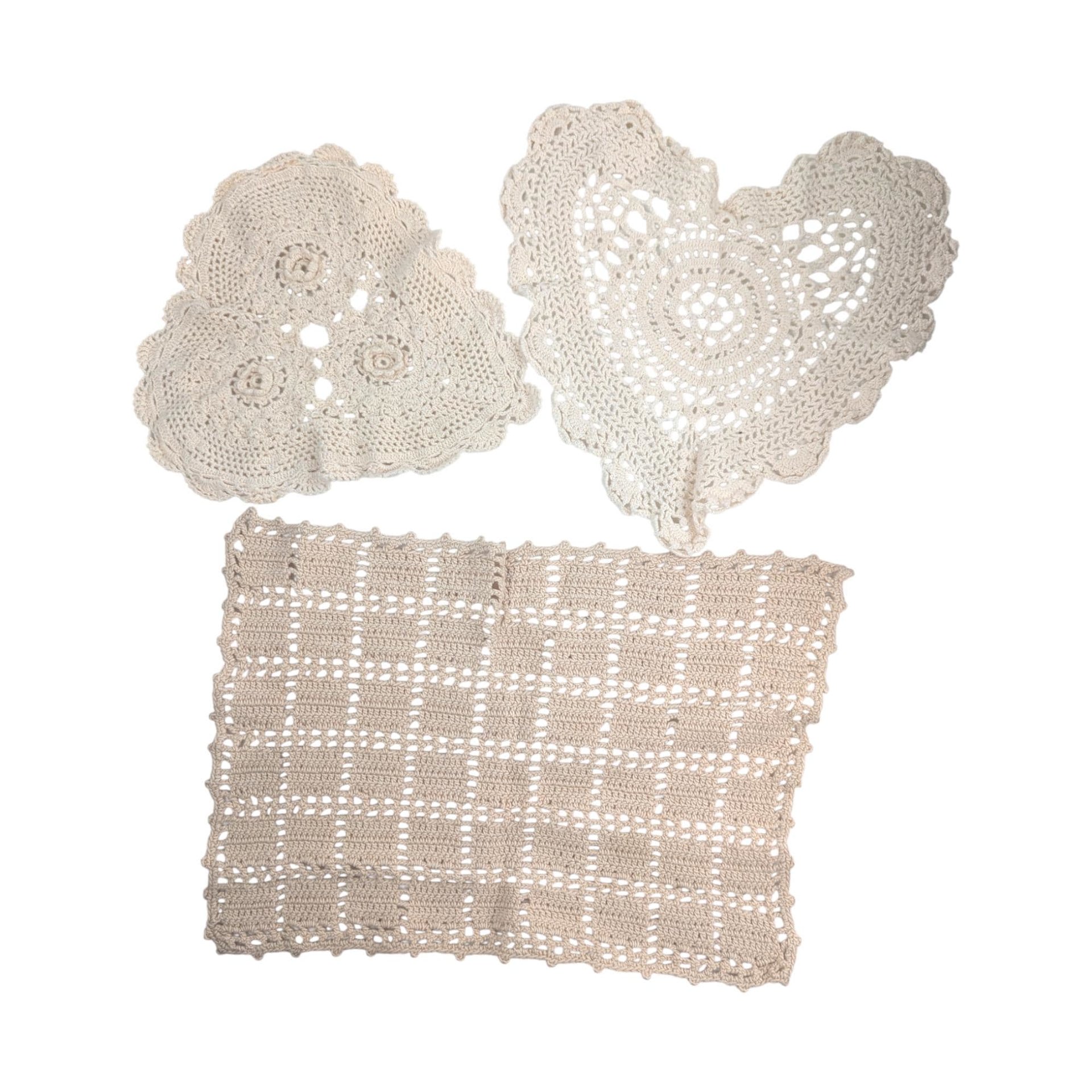 Vintage Crochet Doilies: Set of Three Off-White Heart & Rectangle Mats