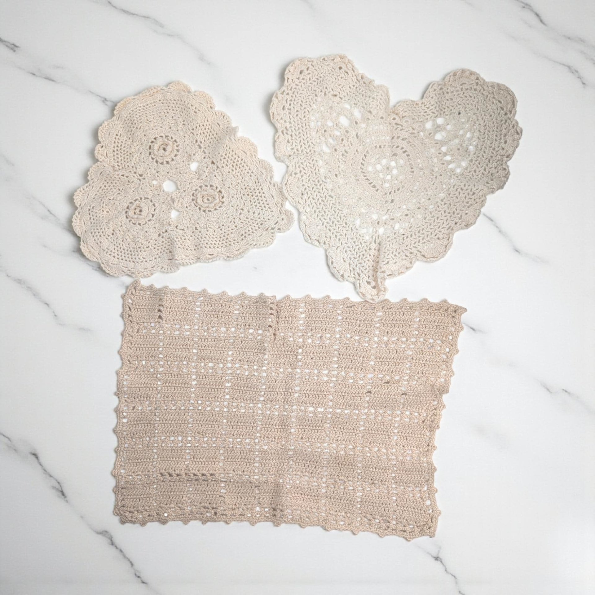 Vintage Crochet Doilies: Set of Three Off-White Heart & Rectangle Mats