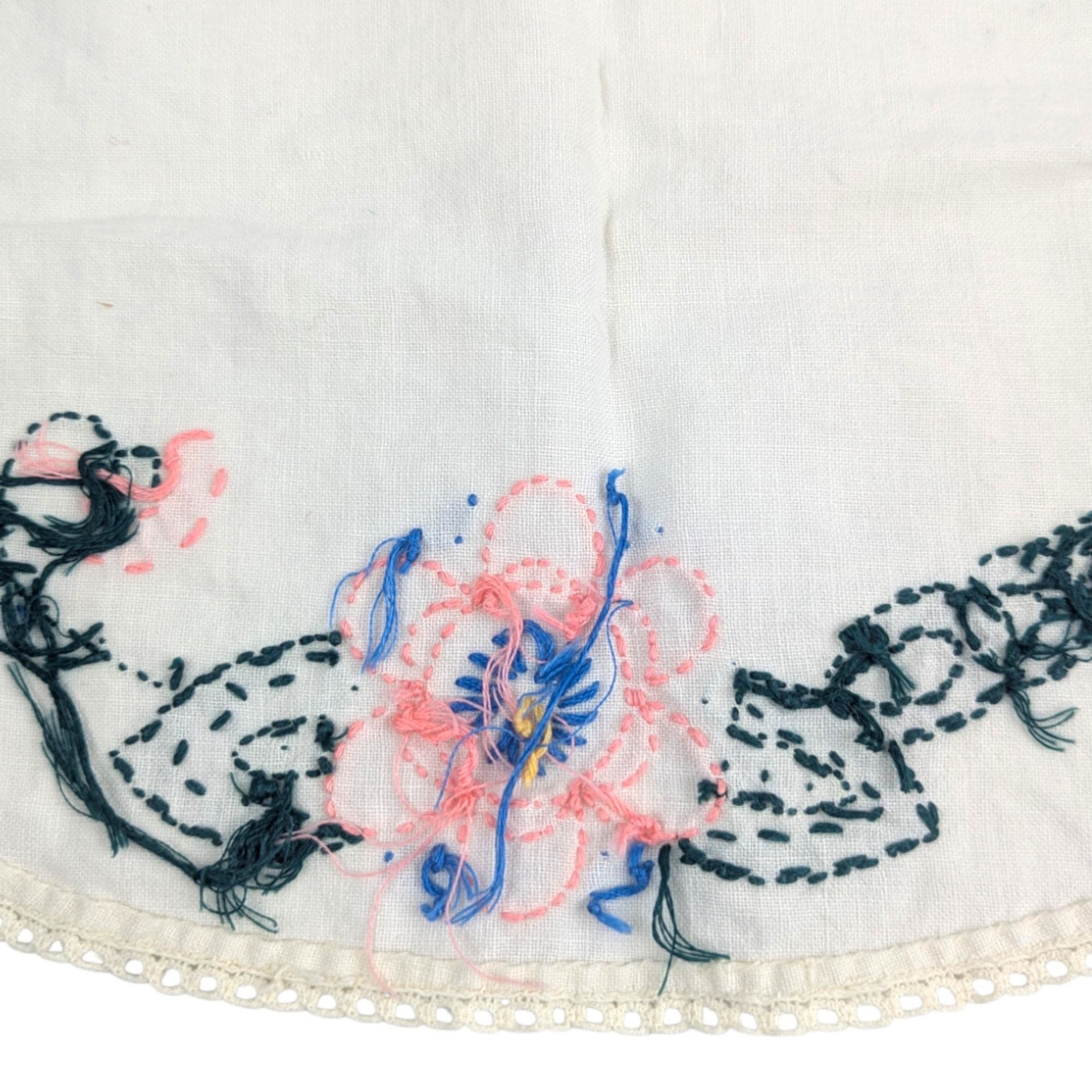 Vintage Embroidered Doilies: Set of Two Floral Linens with Crochet Edge