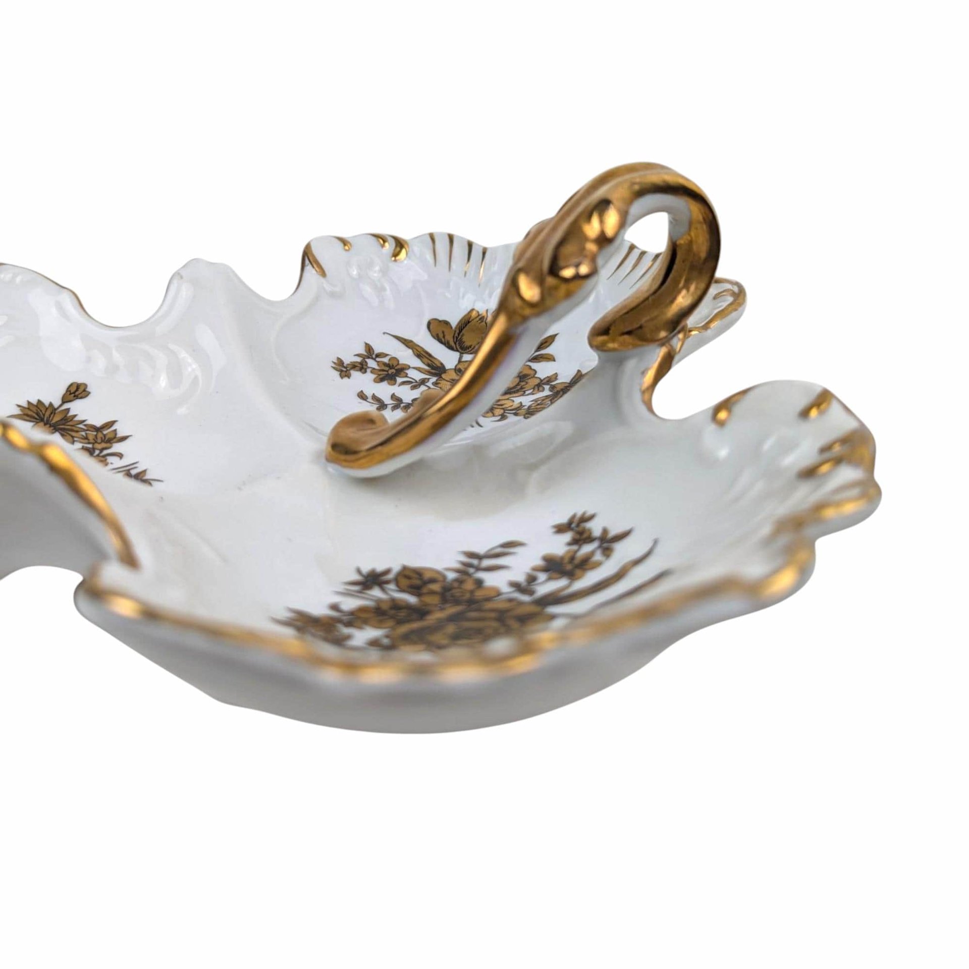 Vintage Mid-Century Gold Floral Dish: 3-Part Ceramic Trinket Tray