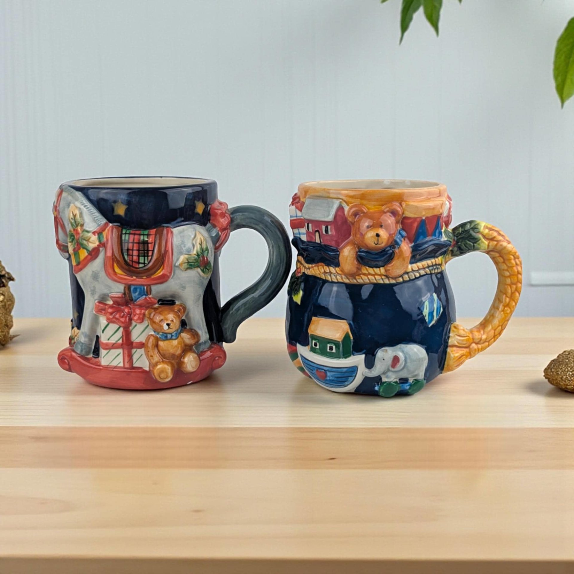 Vintage Susan Winget Christmas Mugs, Pair: Certified International Rocking Horse & Toy Mugs