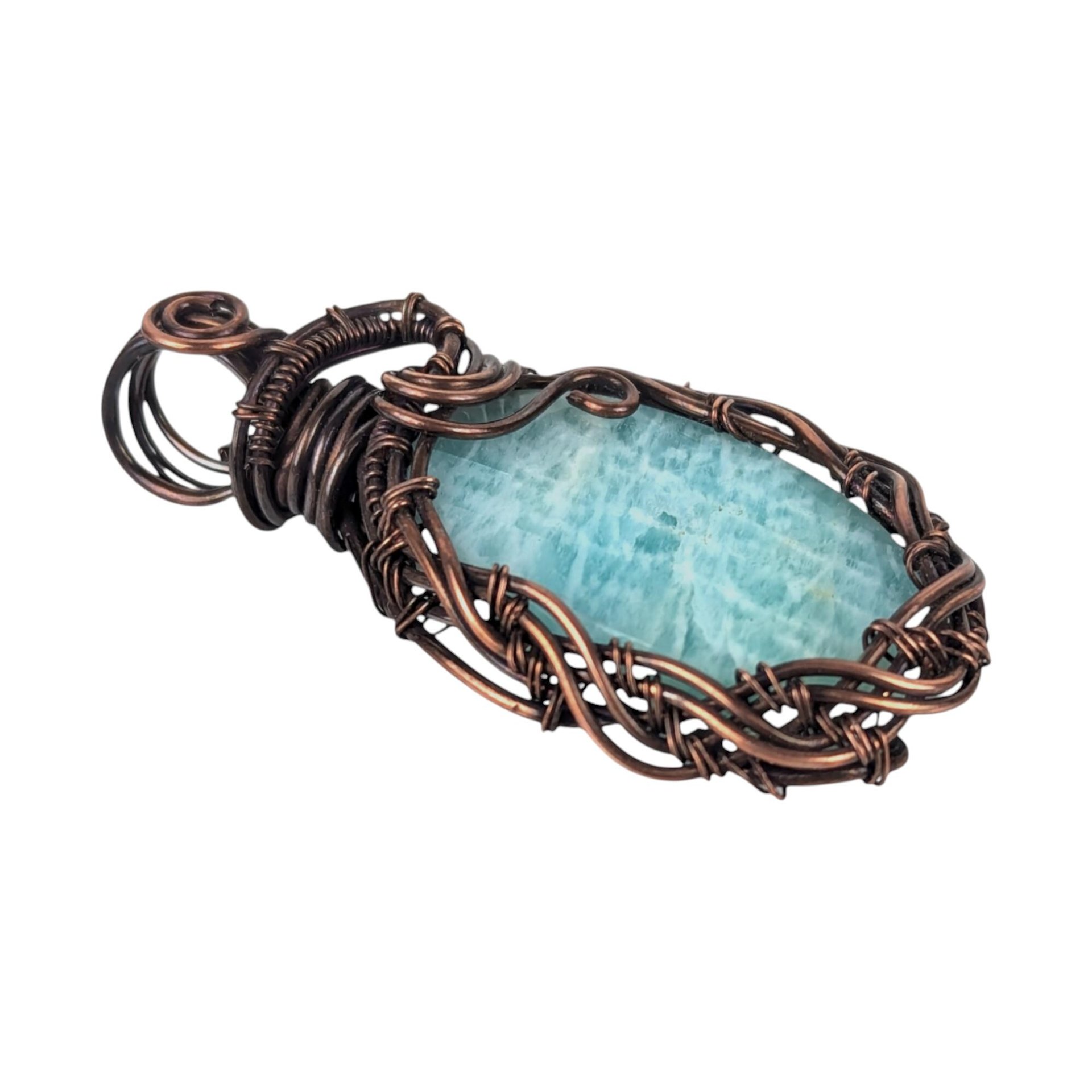 Amazonite Wire Wrapped Pendant: Handmade Copper Statement Jewelry