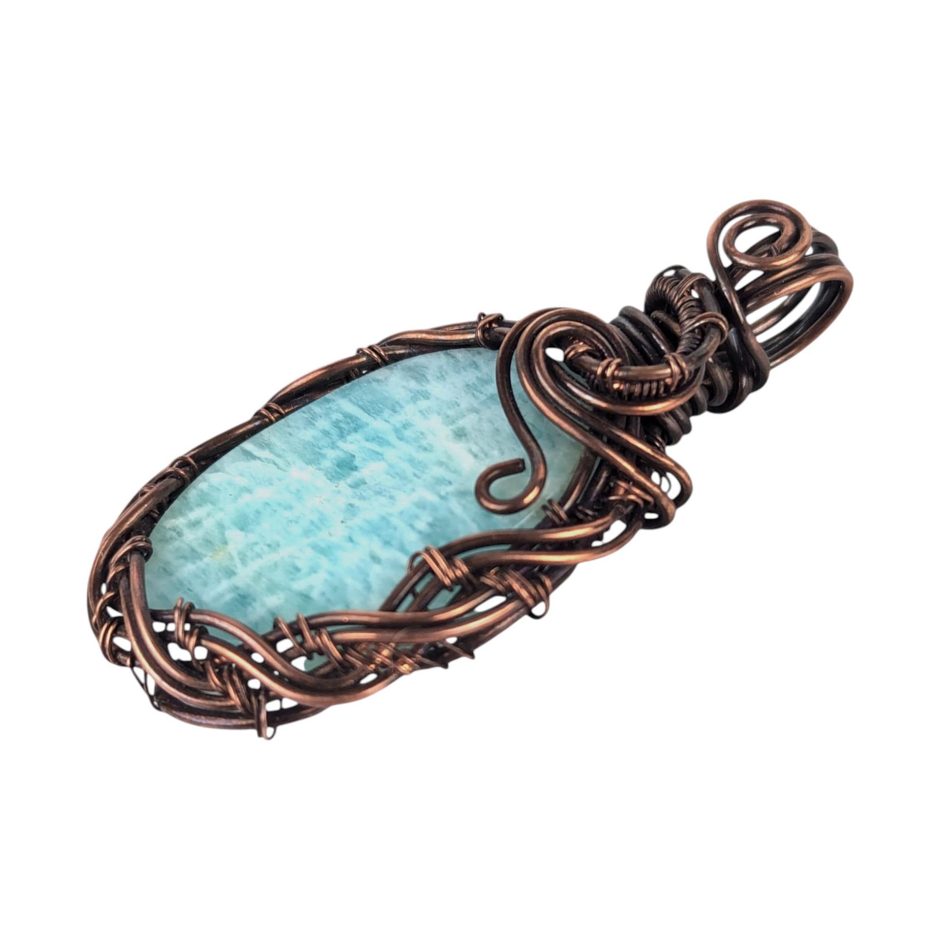 Amazonite Wire Wrapped Pendant: Handmade Copper Statement Jewelry