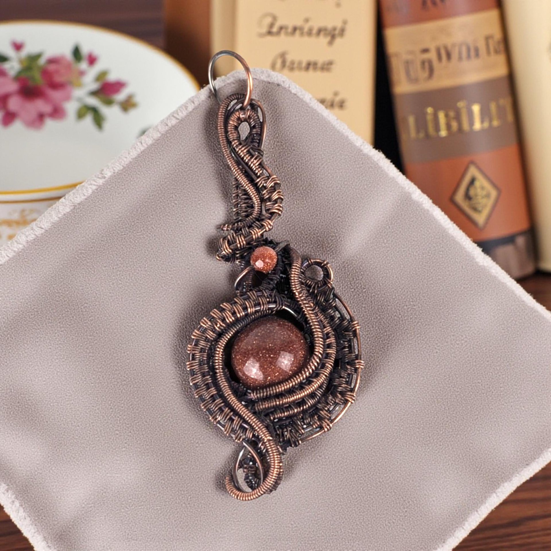 Red Goldstone Wire Wrapped Pendant: Handmade Copper Artisan Jewelry