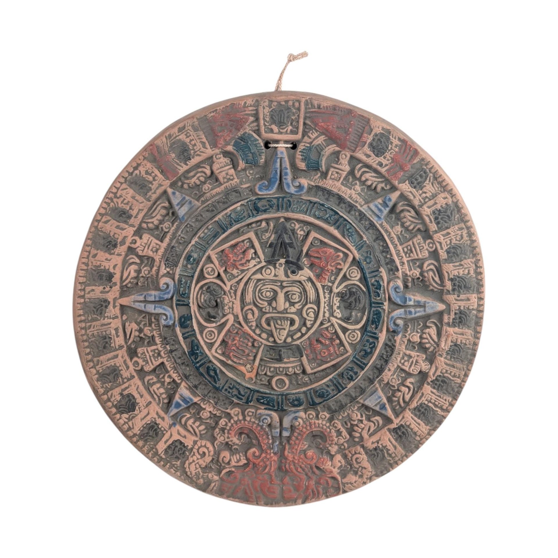 Vintage Aztec Calendar Wall Art: Terracotta Sun Stone Plaque Made in Mexico Folk Art