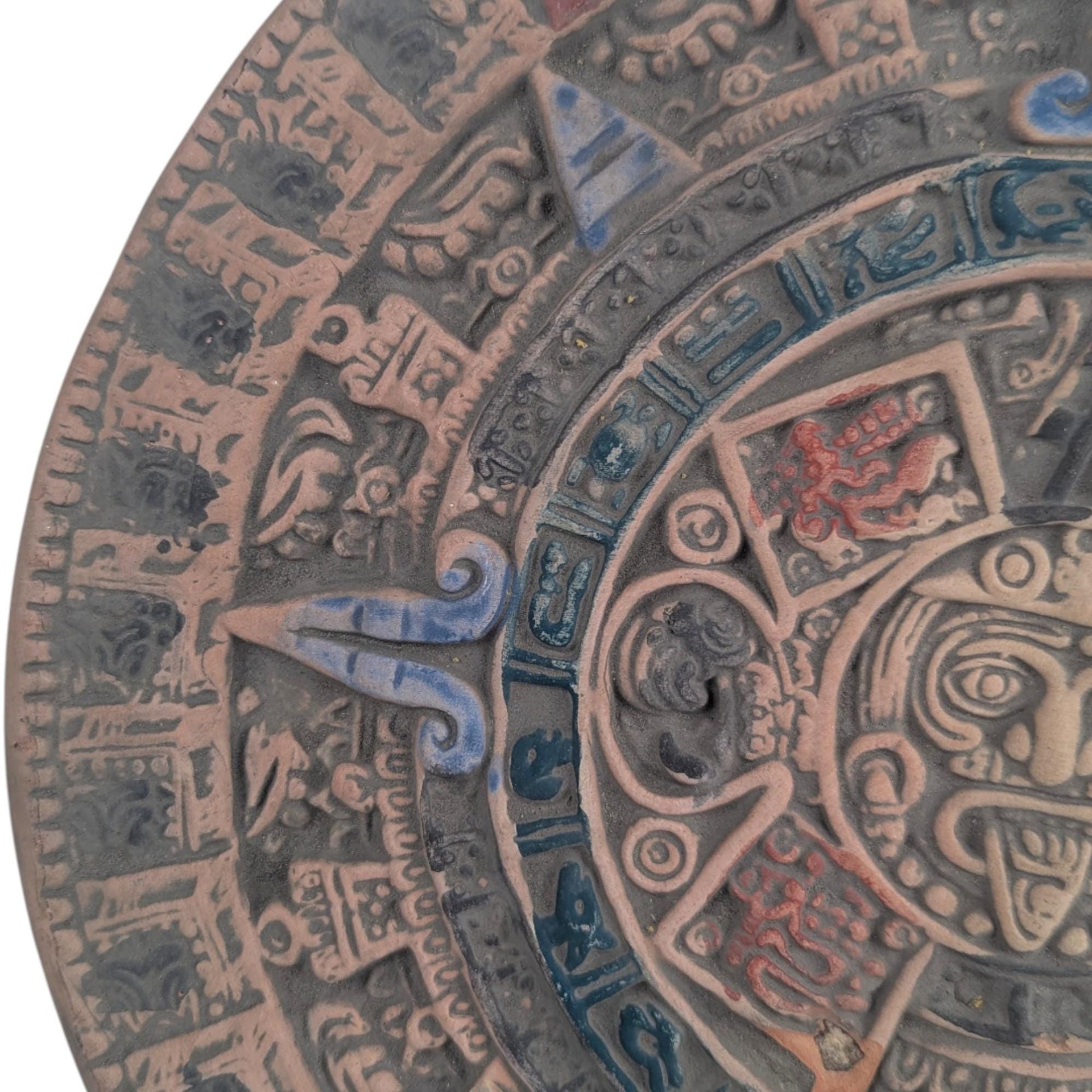 Vintage Aztec Calendar Wall Art: Terracotta Sun Stone Plaque Made in Mexico Folk Art