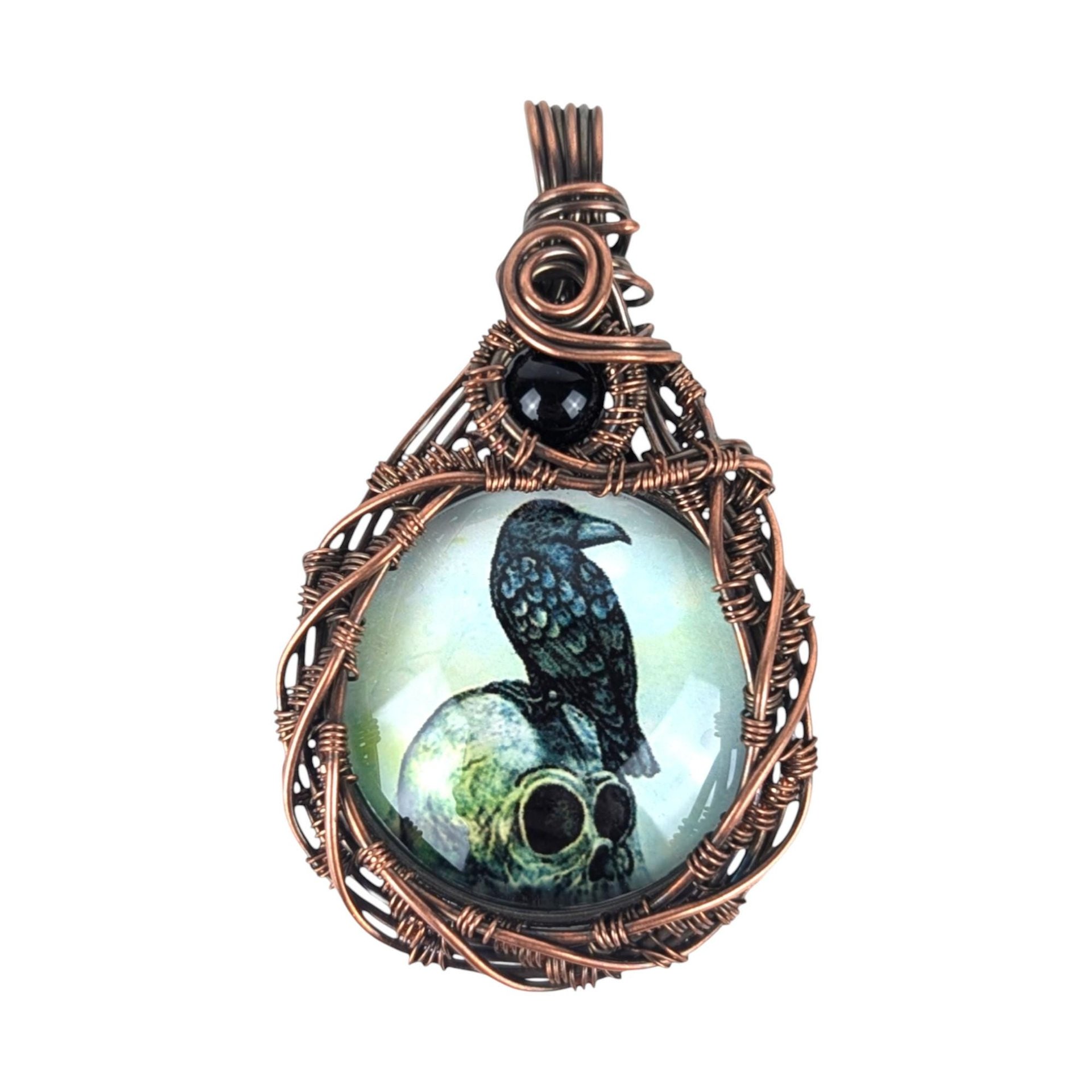 Handmade Copper Wire Wrapped Raven Pendant: Gothic Skull Crow Jewelry