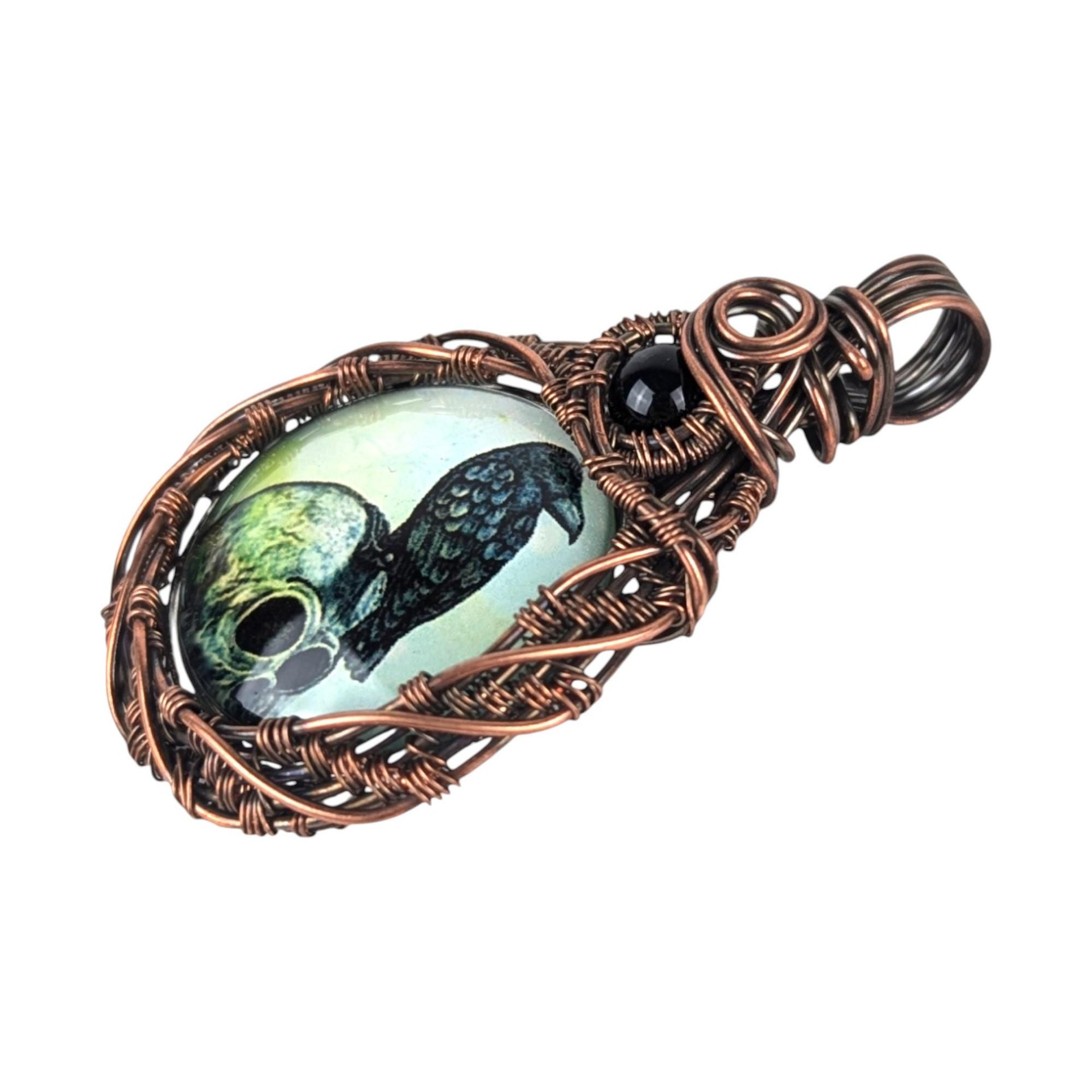 Handmade Copper Wire Wrapped Raven Pendant: Gothic Skull Crow Jewelry