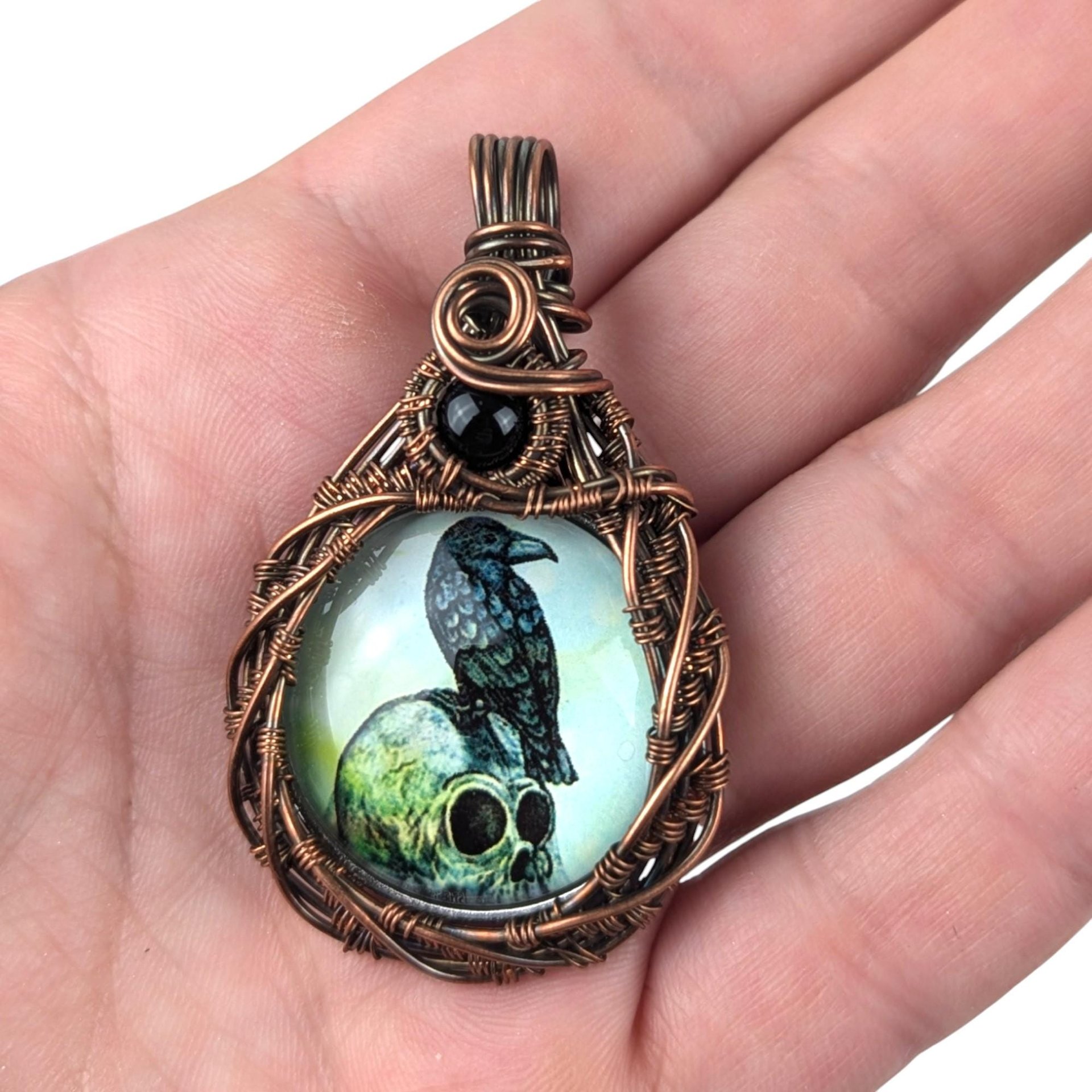 Handmade Copper Wire Wrapped Raven Pendant: Gothic Skull Crow Jewelry