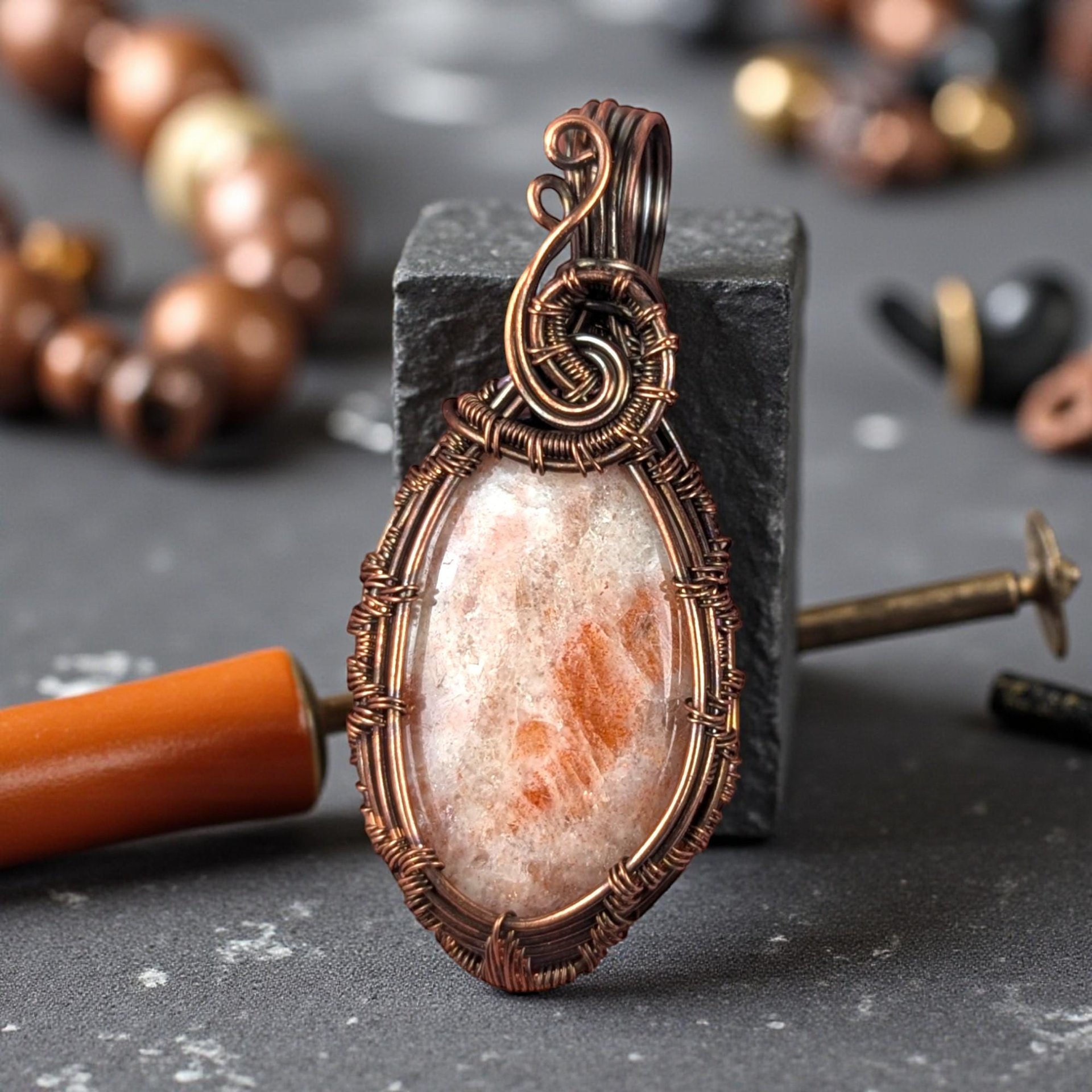 Handmade Copper Wire Wrapped Sunstone Pendant: Artisan Gemstone Jewelry