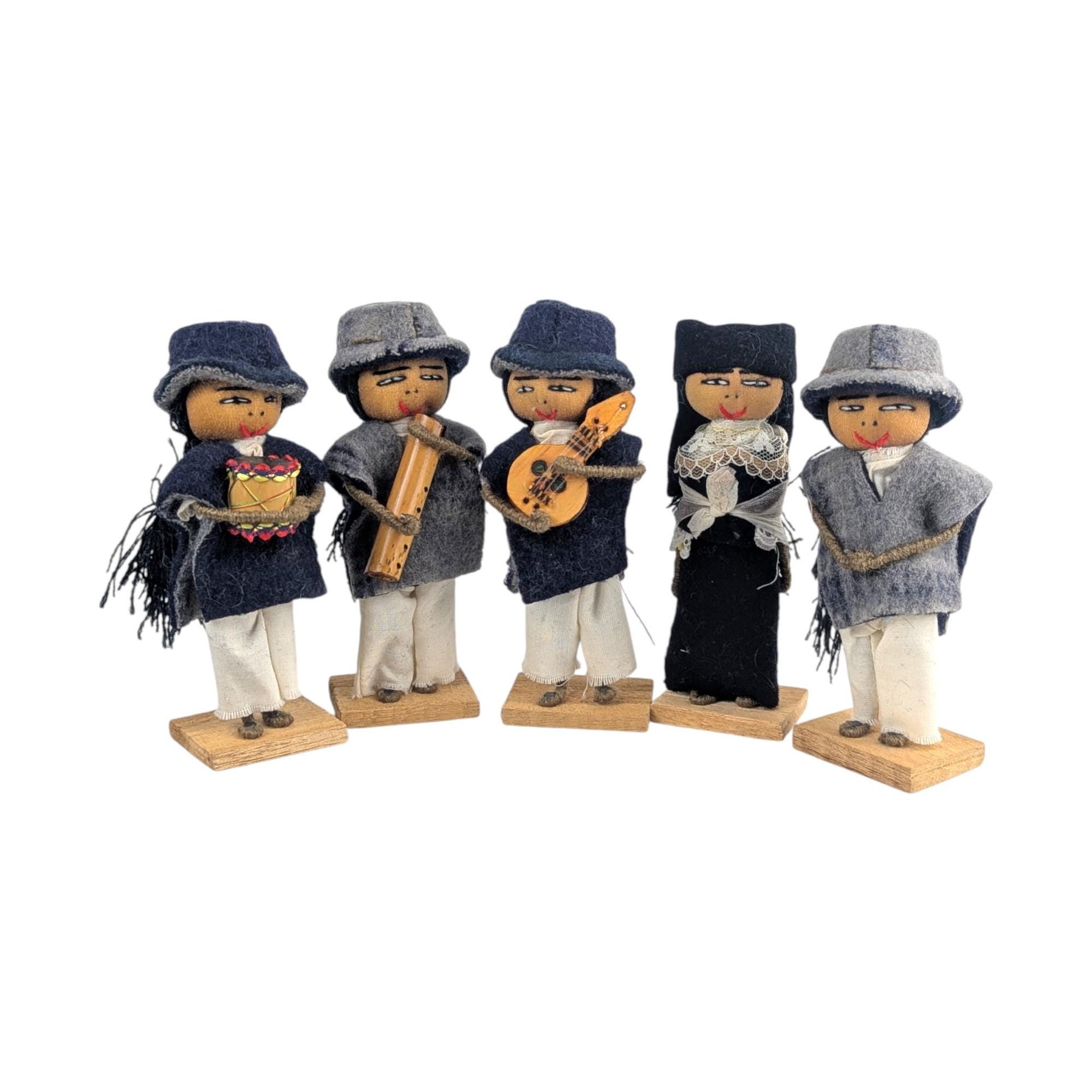 Vintage Ecuadorian Musician Set: Handmade Folk Art Wood Dolls