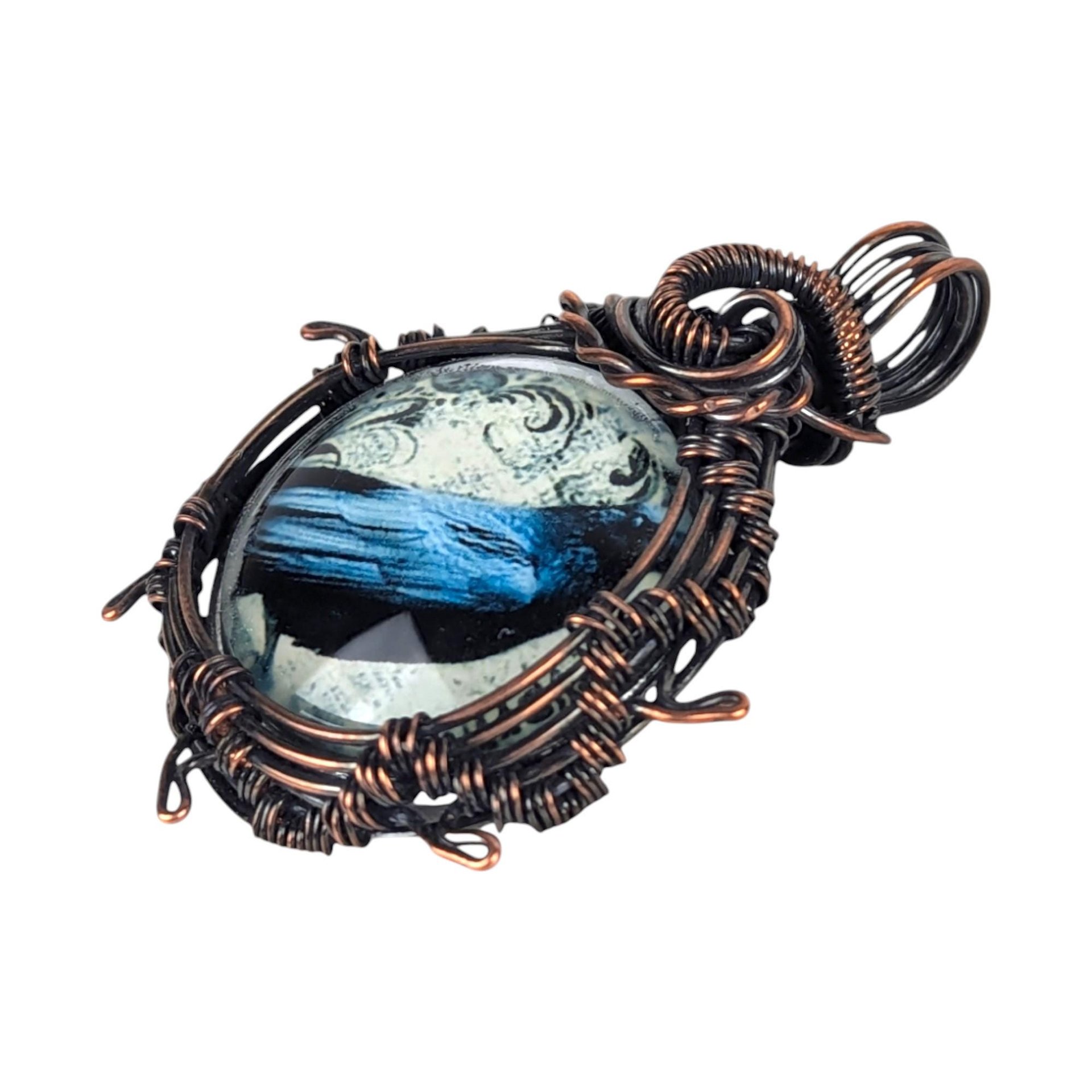 Handmade Copper Raven Pendant: Wire Wrapped Bird Cabochon Necklace