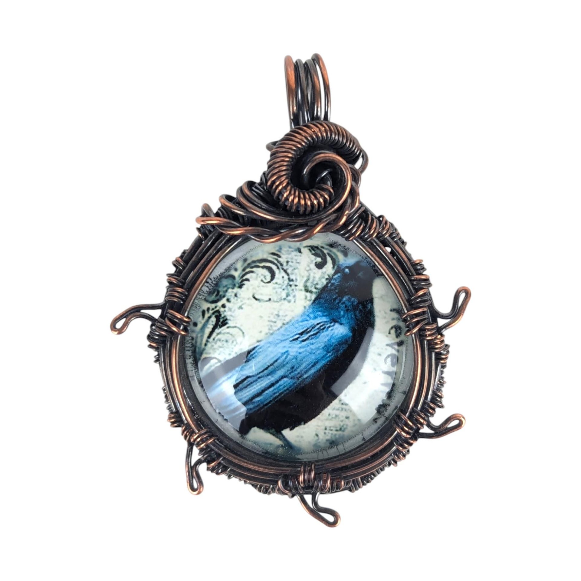 Handmade Copper Raven Pendant: Wire Wrapped Bird Cabochon Necklace