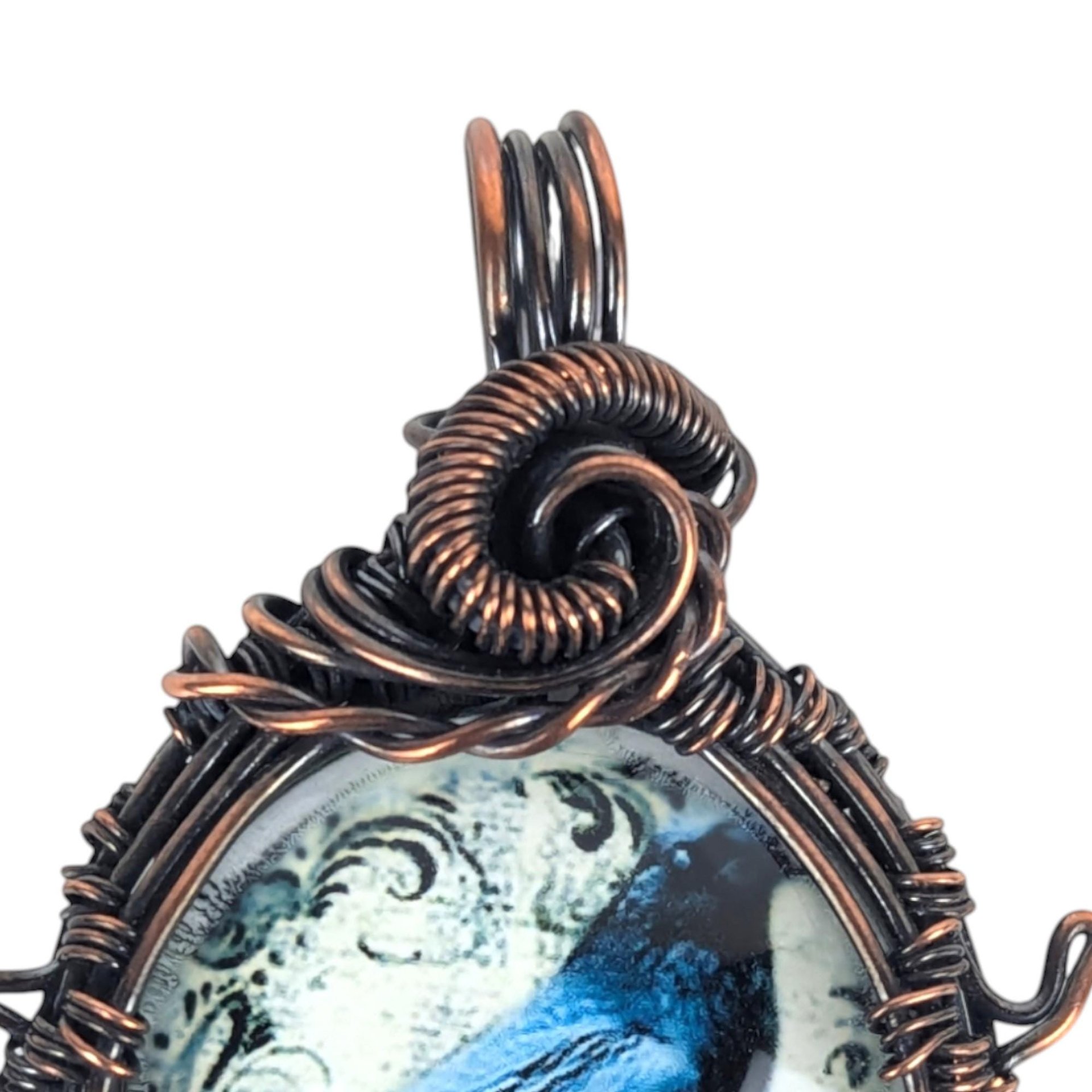 Handmade Copper Raven Pendant: Wire Wrapped Bird Cabochon Necklace