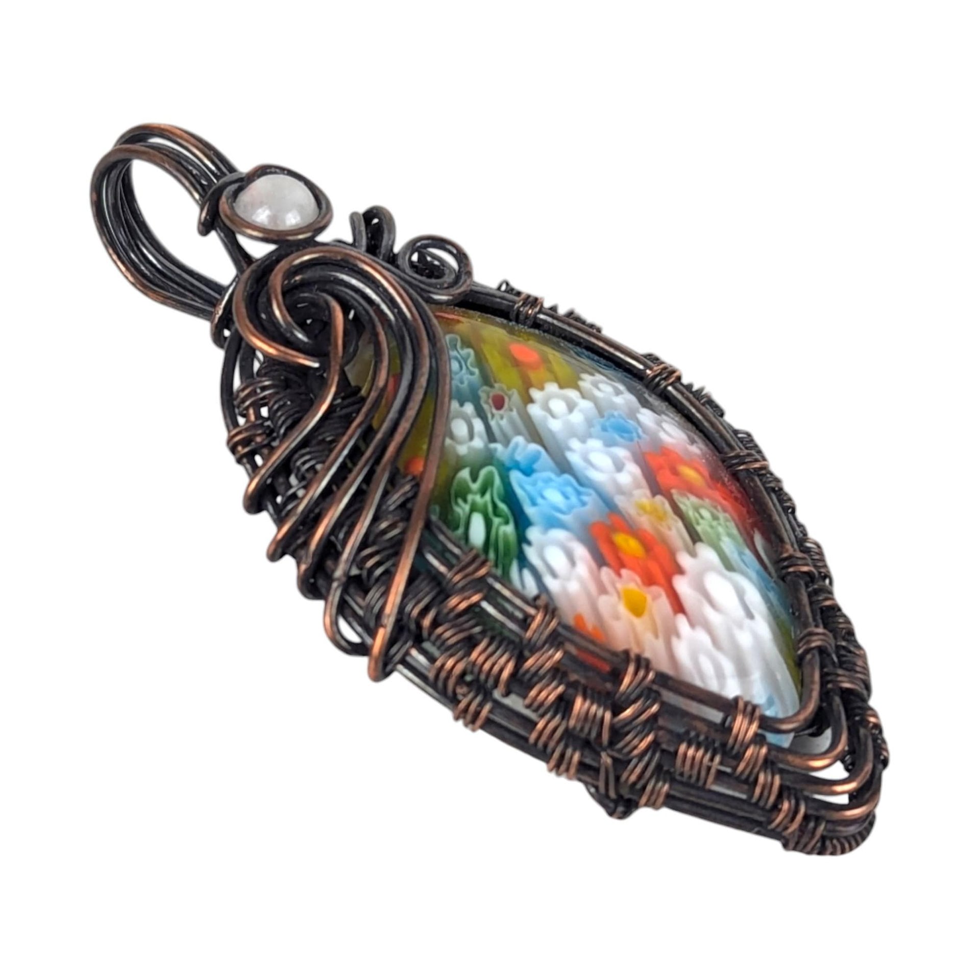 Handmade Millefiori Pendant: Copper Wire Wrapped Glass Necklace with Rose Quartz Accent