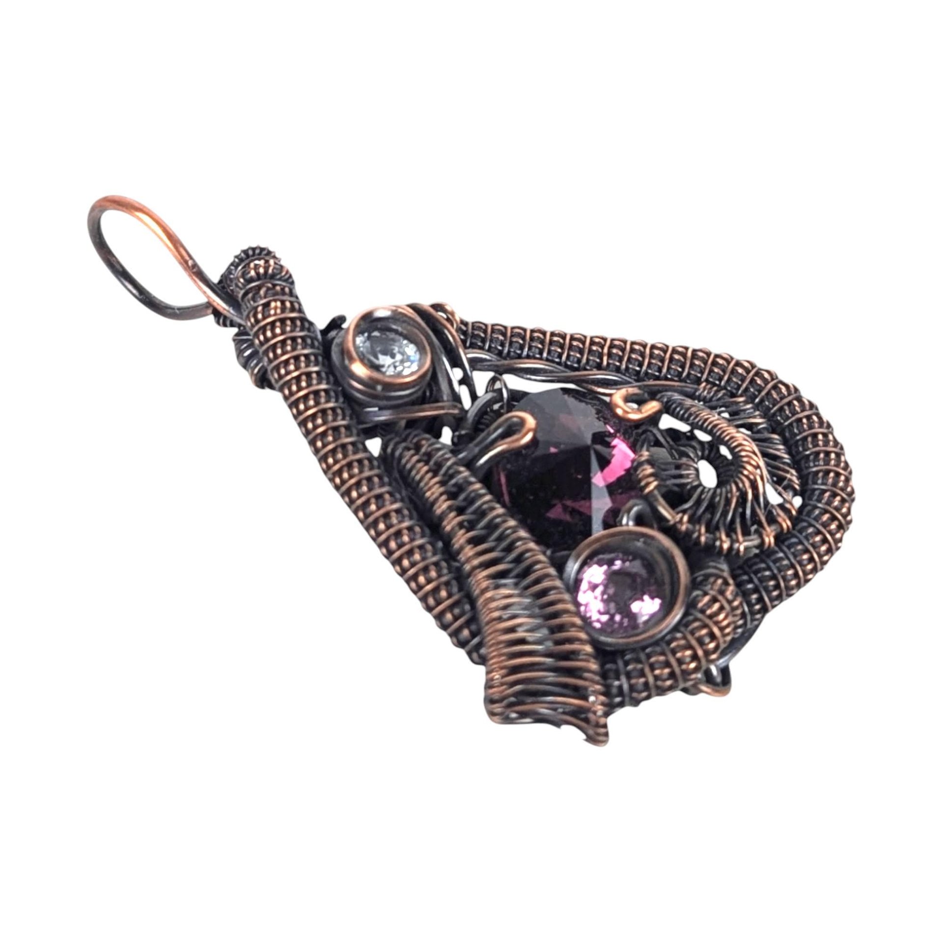 Handmade Crystal Pendant: Copper Wire Woven Necklace with Purple Accents