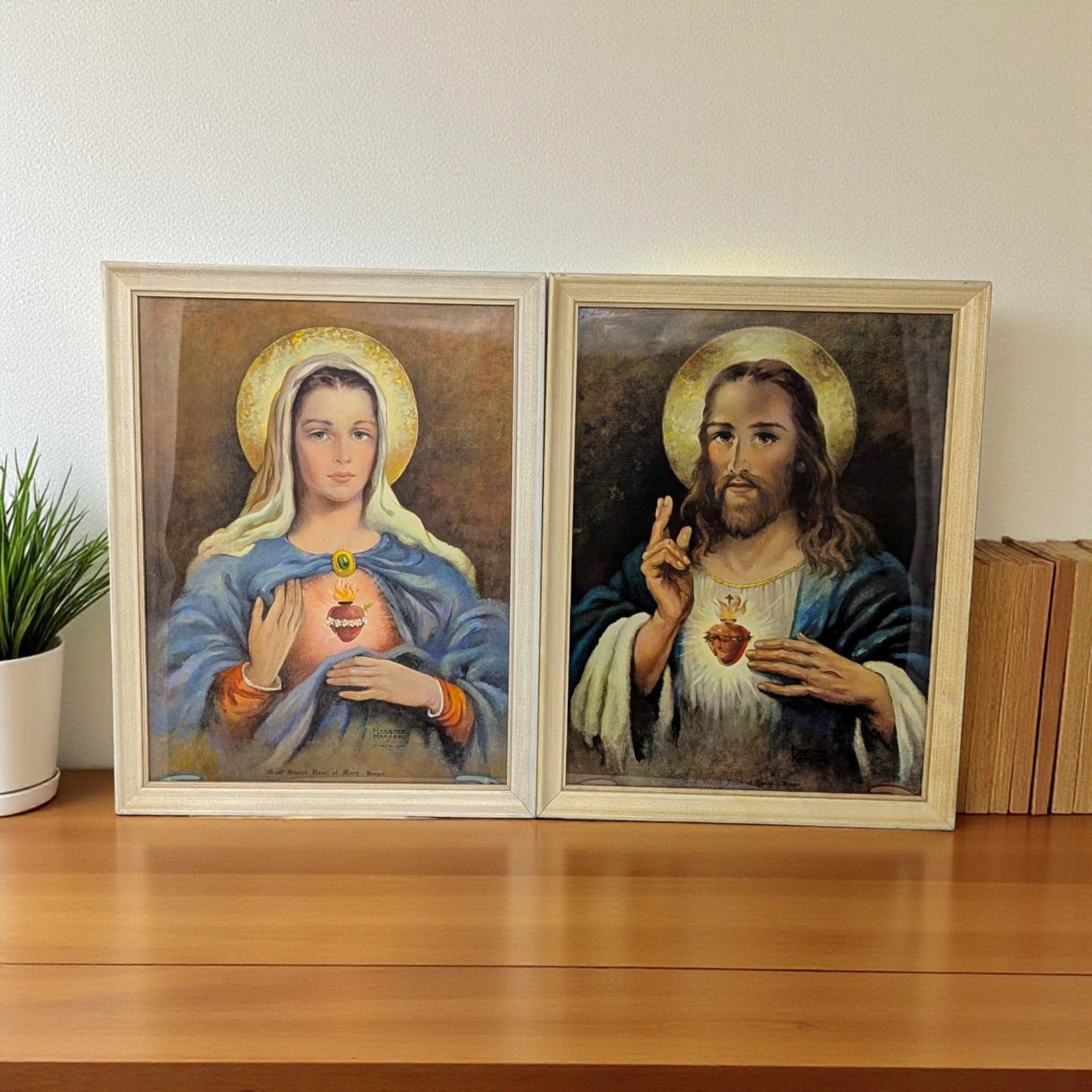 Vintage 1952 Sacred Heart Pair: Florence Kroger Jesus and Mary Wall Hangings