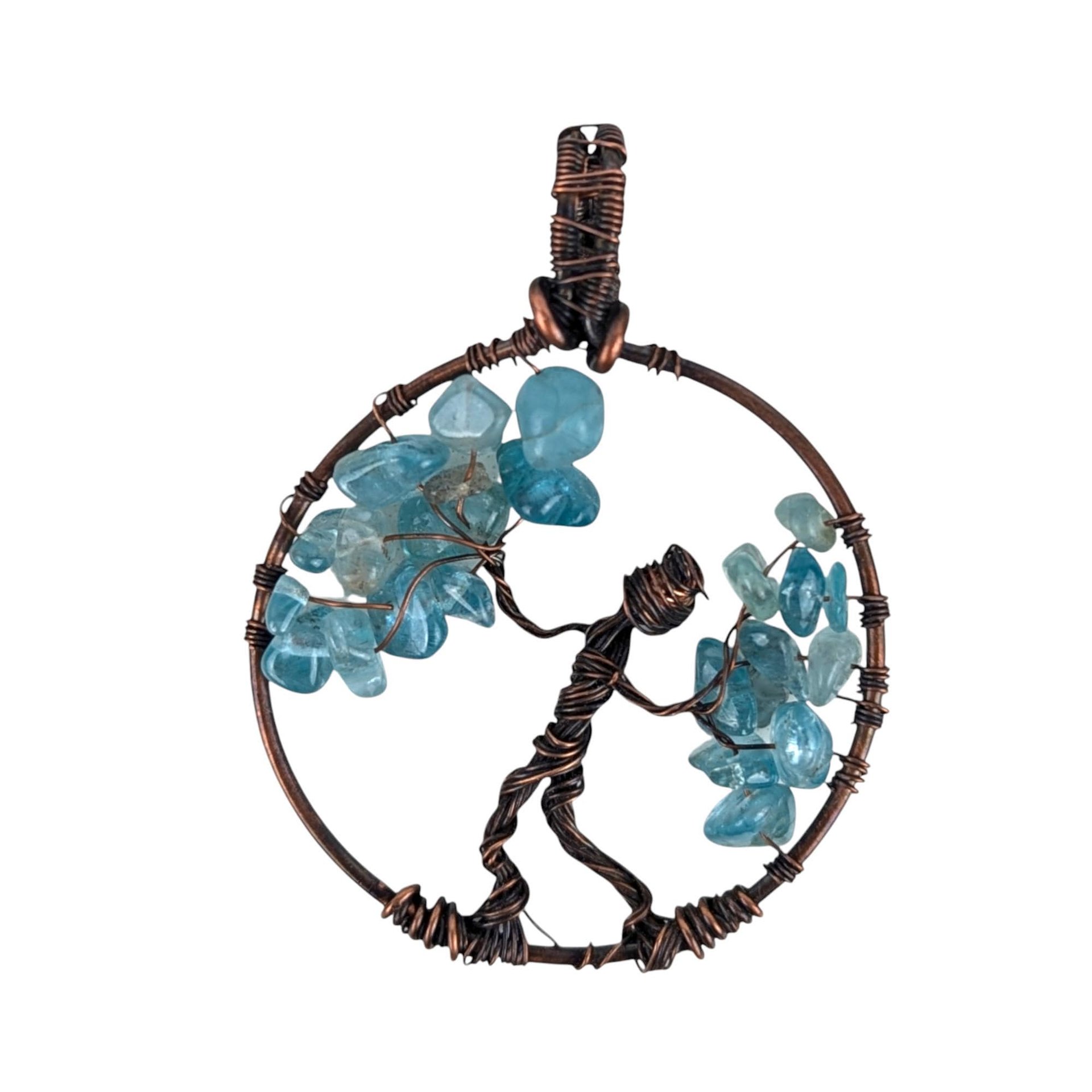 Copper Wire Figure Pendant: Handmade Artisan Jewelry with Blue Glass Chips