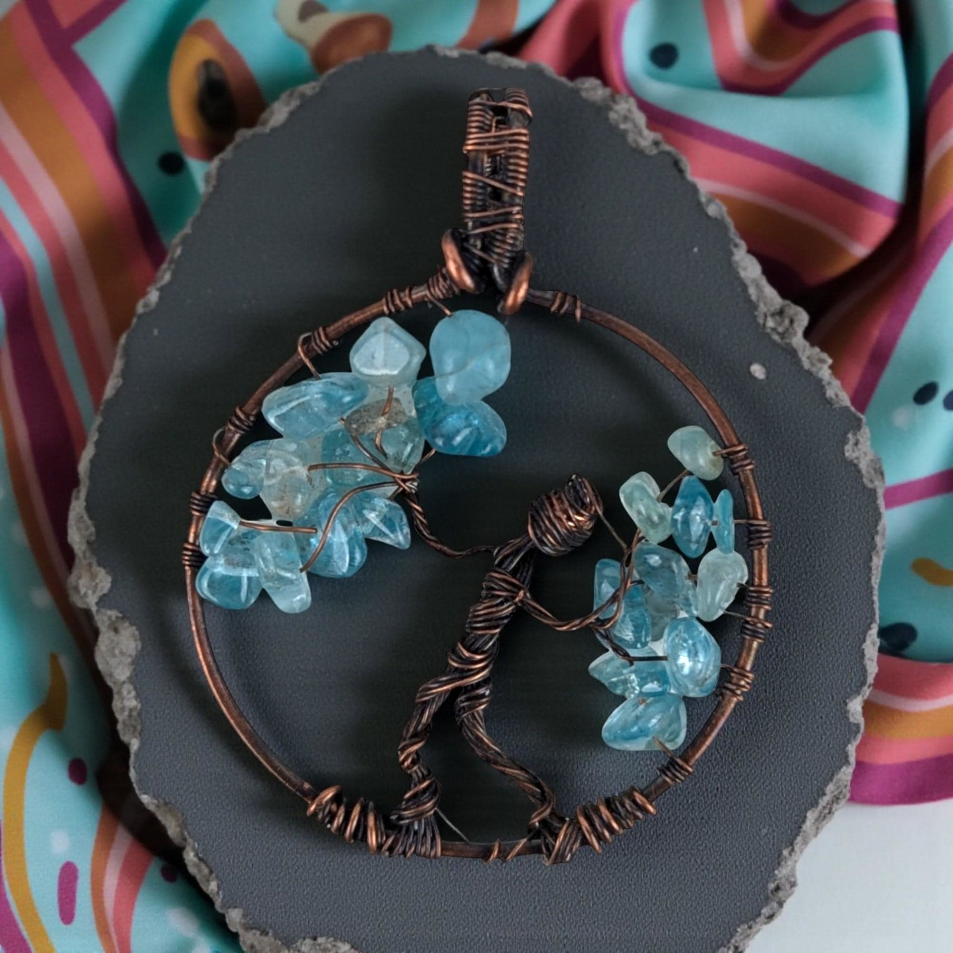 Copper Wire Figure Pendant: Handmade Artisan Jewelry with Blue Glass Chips
