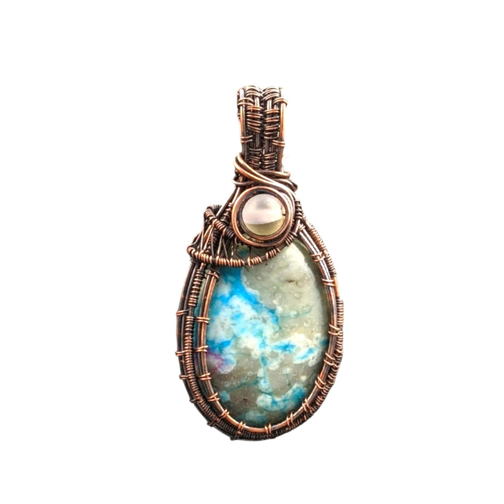 Handmade Copper Wire Wrapped Pendant: Blue Natural Stone with Clear Accent