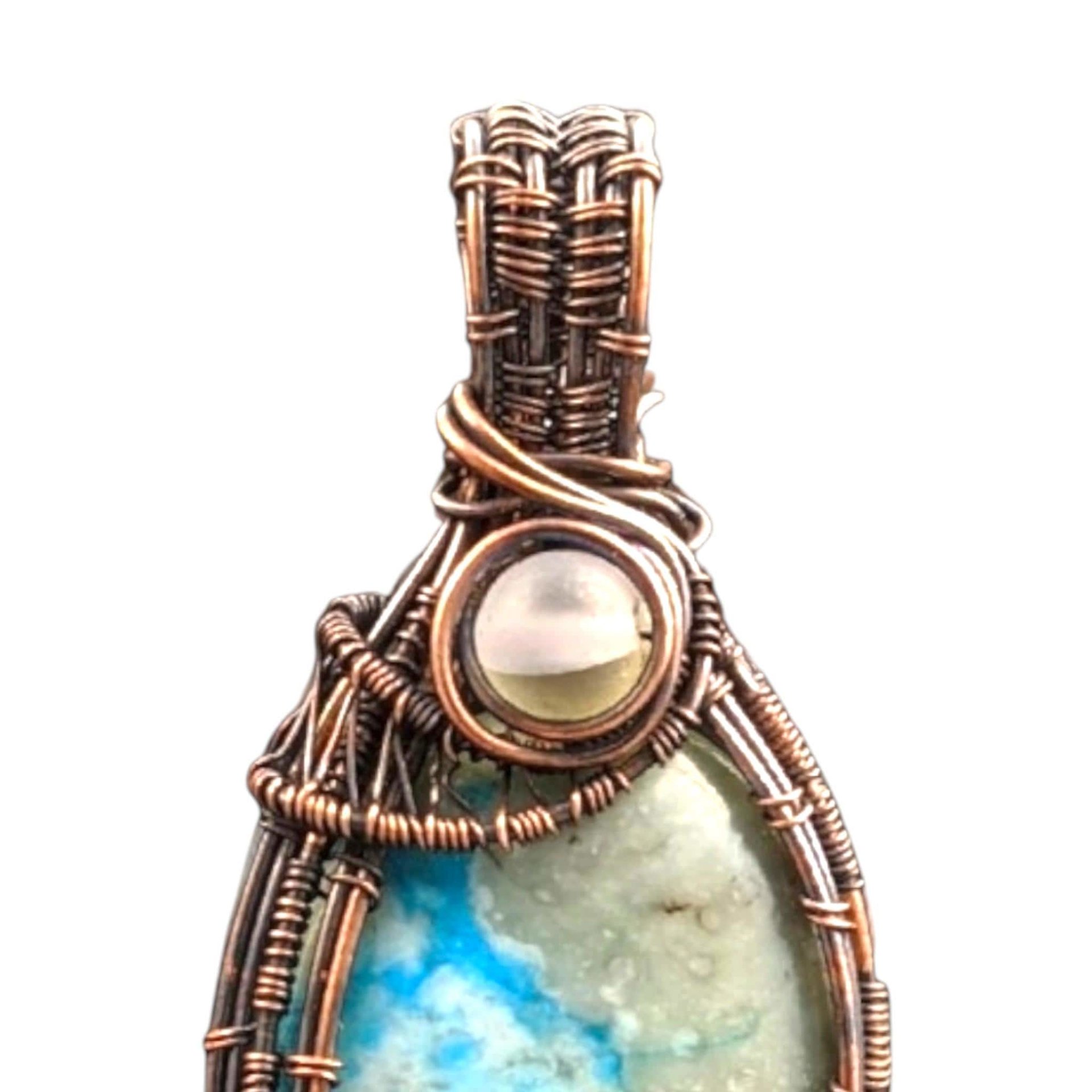 Handmade Copper Wire Wrapped Pendant: Blue Natural Stone with Clear Accent