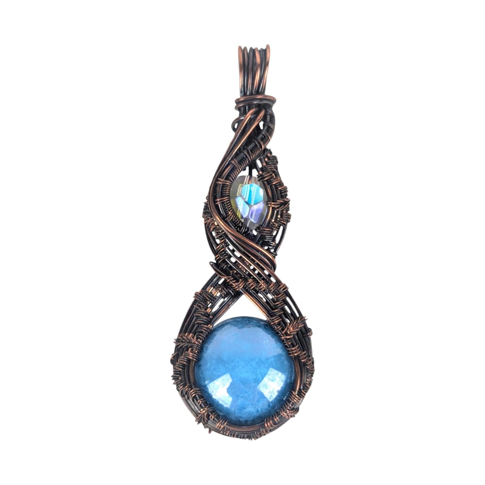 Copper Wire Wrapped Pendant: Blue Czech Glass with Crystal Accent