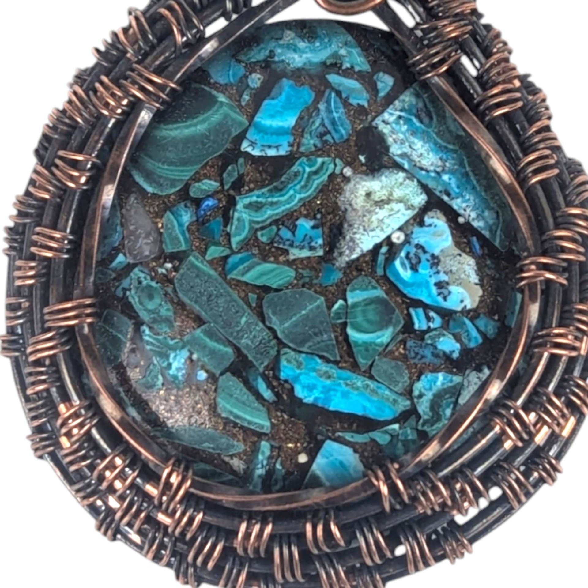 Copper Wire Wrapped Pendant: Azurite Malachite Gemstone, Artisan Boho Jewelry