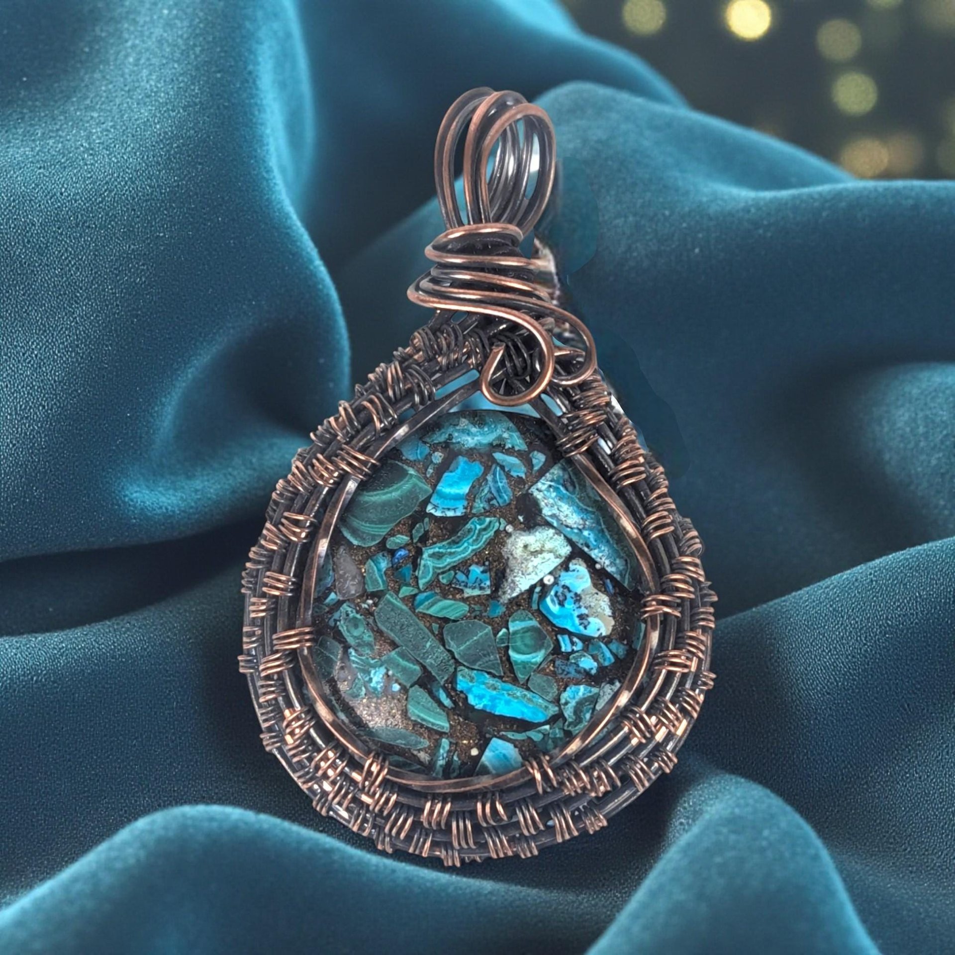Copper Wire Wrapped Pendant: Azurite Malachite Gemstone, Artisan Boho Jewelry