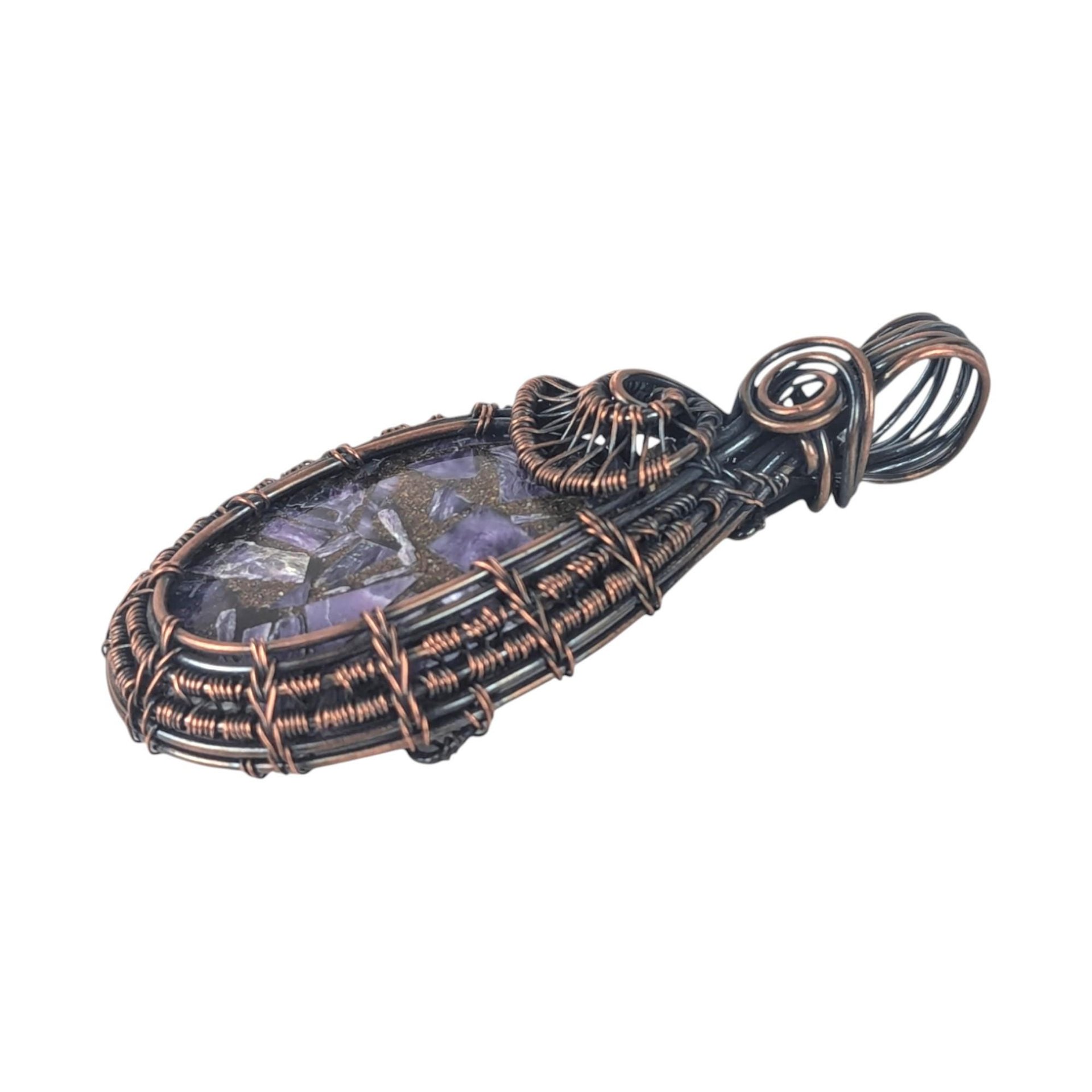 Copper Wire Wrapped Charoite Pendant: Crushed Purple Gemstone, Artisan Boho Jewelry