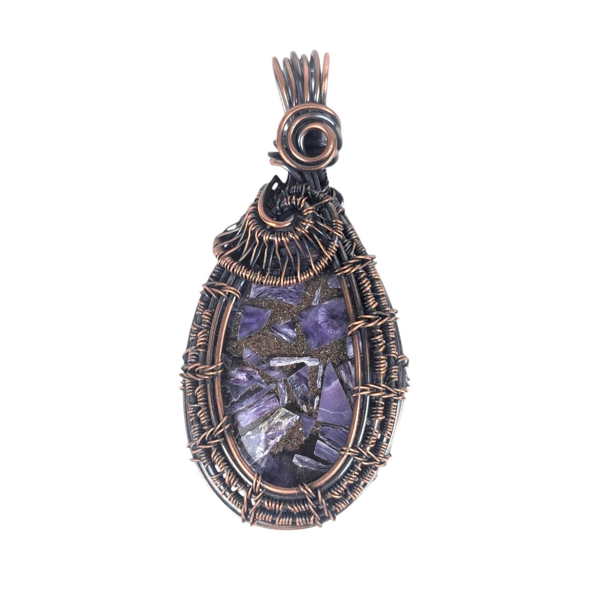 Copper Wire Wrapped Charoite Pendant: Crushed Purple Gemstone, Artisan Boho Jewelry