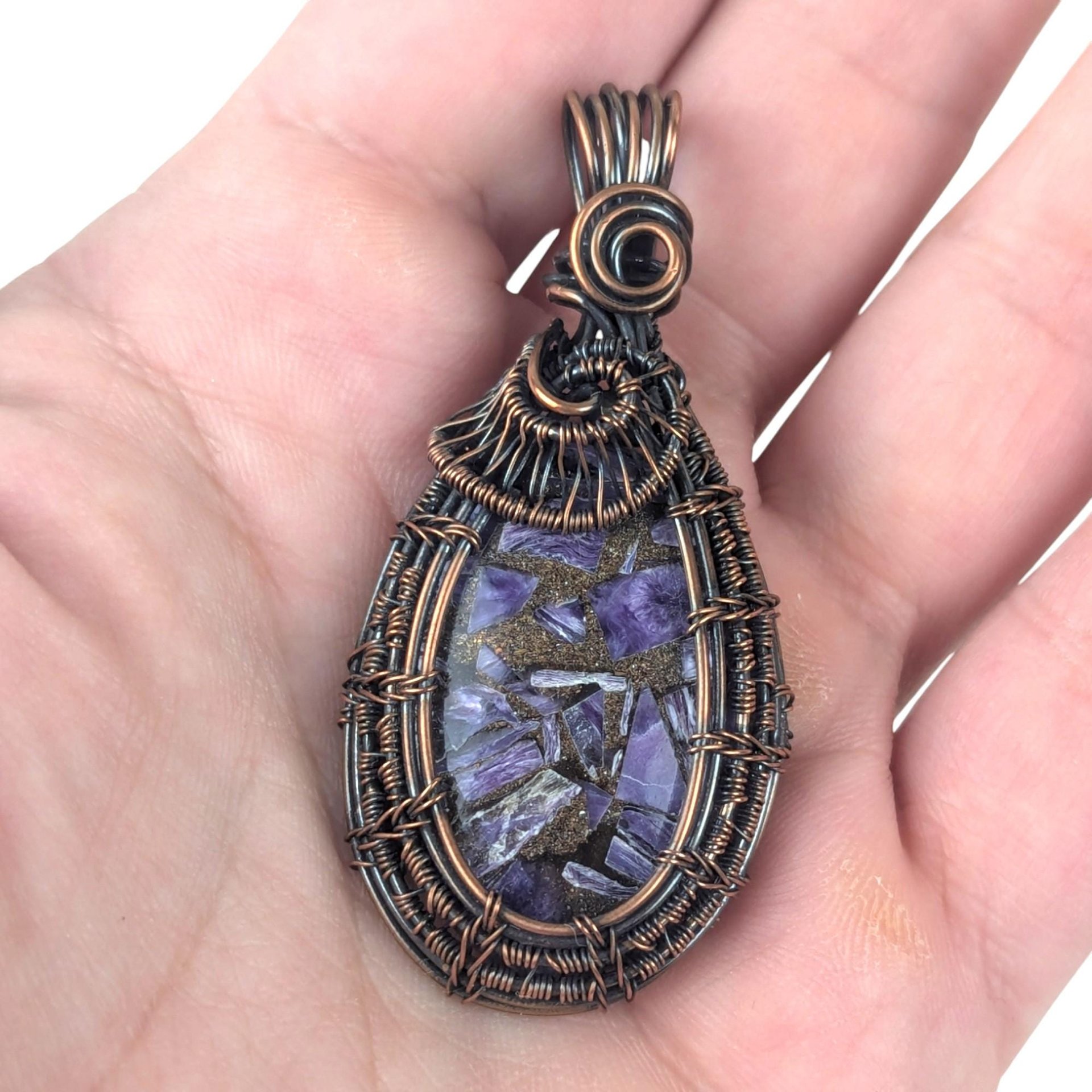 Copper Wire Wrapped Charoite Pendant: Crushed Purple Gemstone, Artisan Boho Jewelry