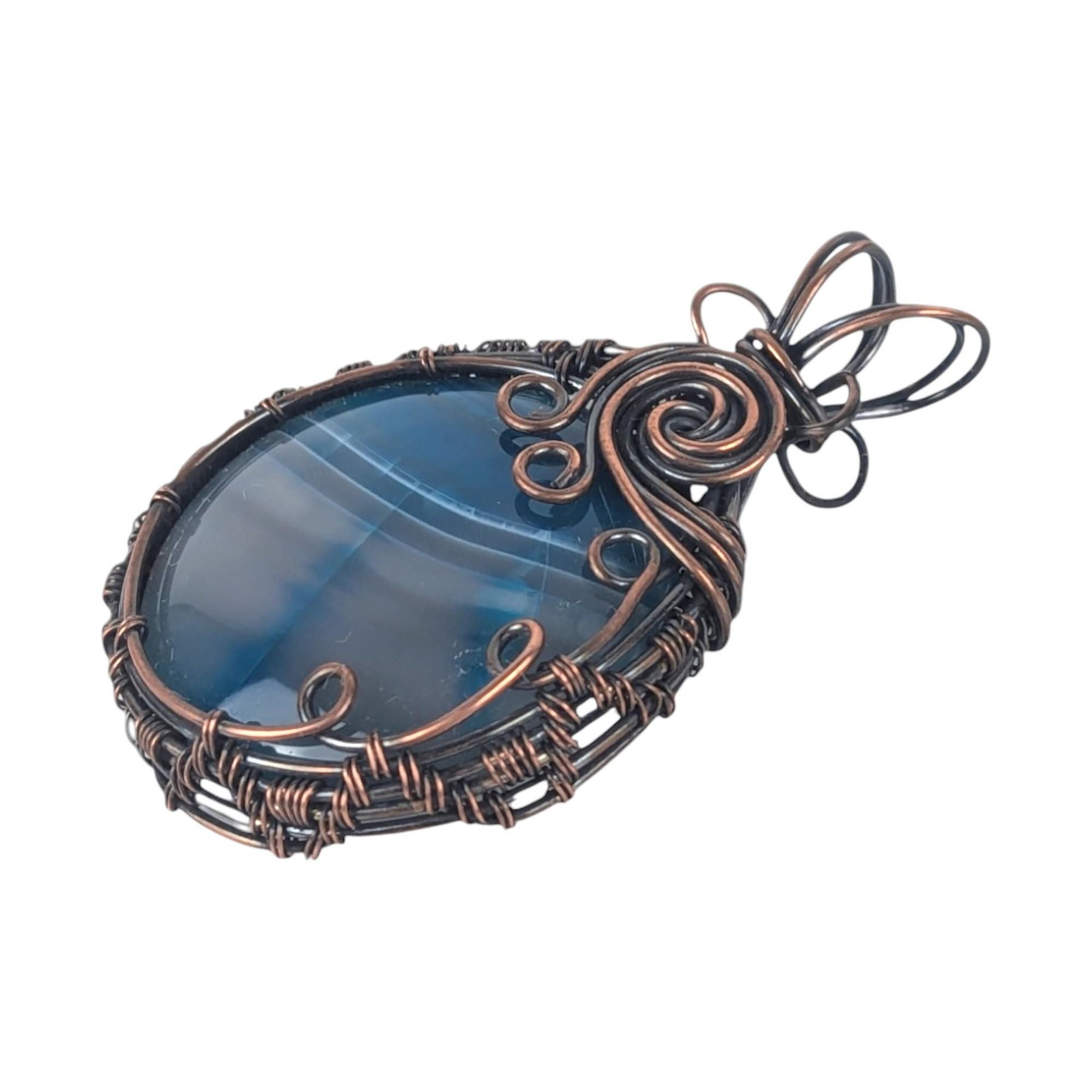 Copper Wire Wrapped Agate Pendant: Blue Striped Gemstone with Swirls