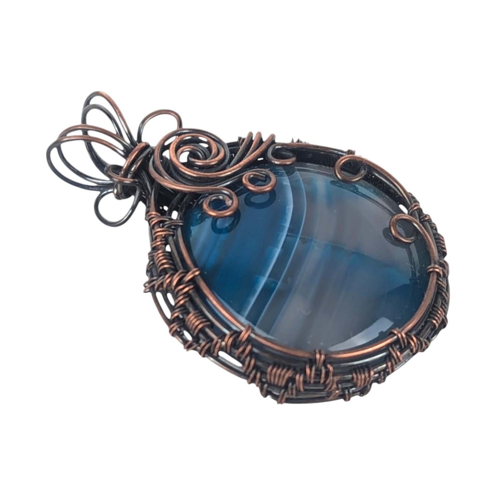 Copper Wire Wrapped Agate Pendant: Blue Striped Gemstone with Swirls