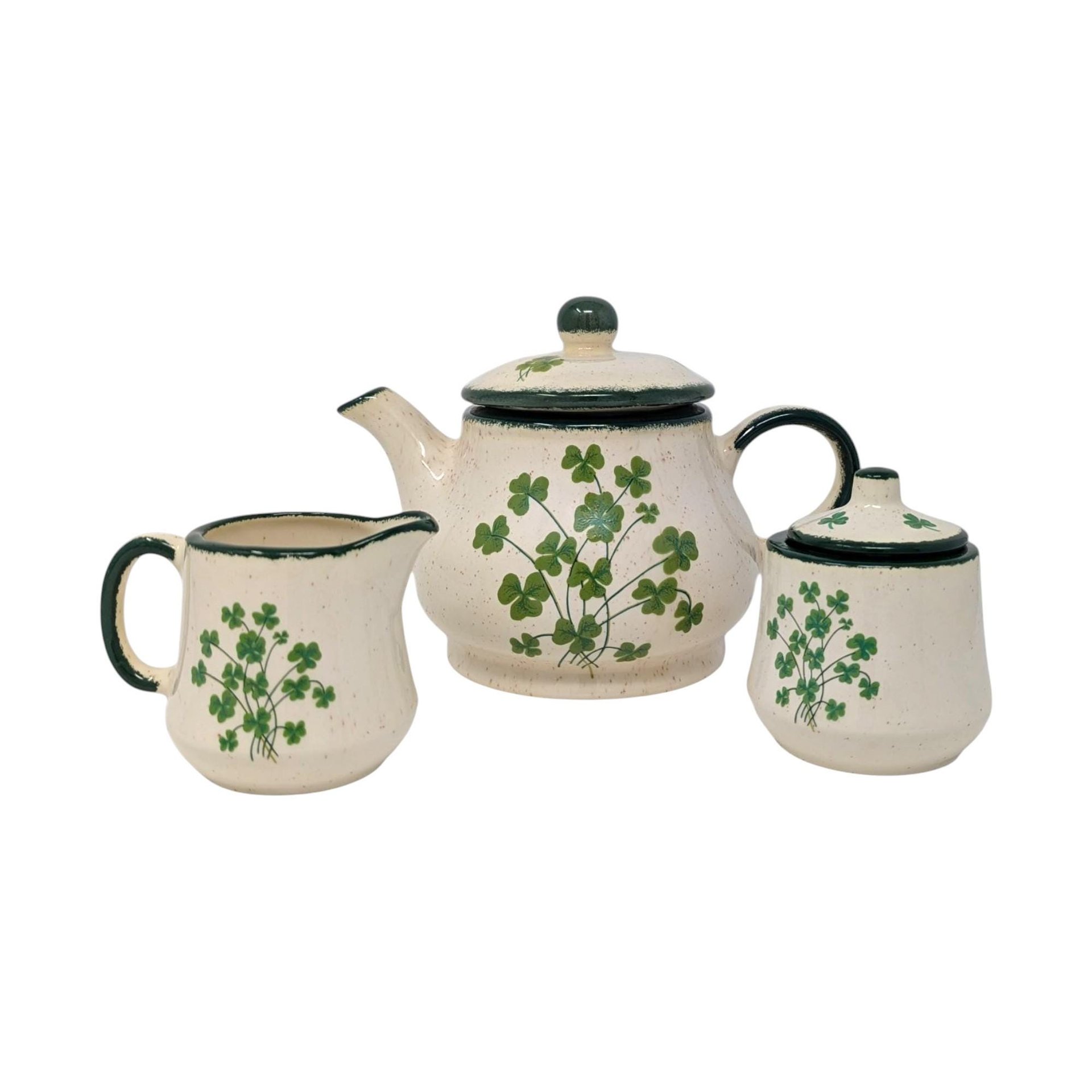 Vintage Irish Shamrock Tea Set: Pottery Teapot, Creamer, and Sugar