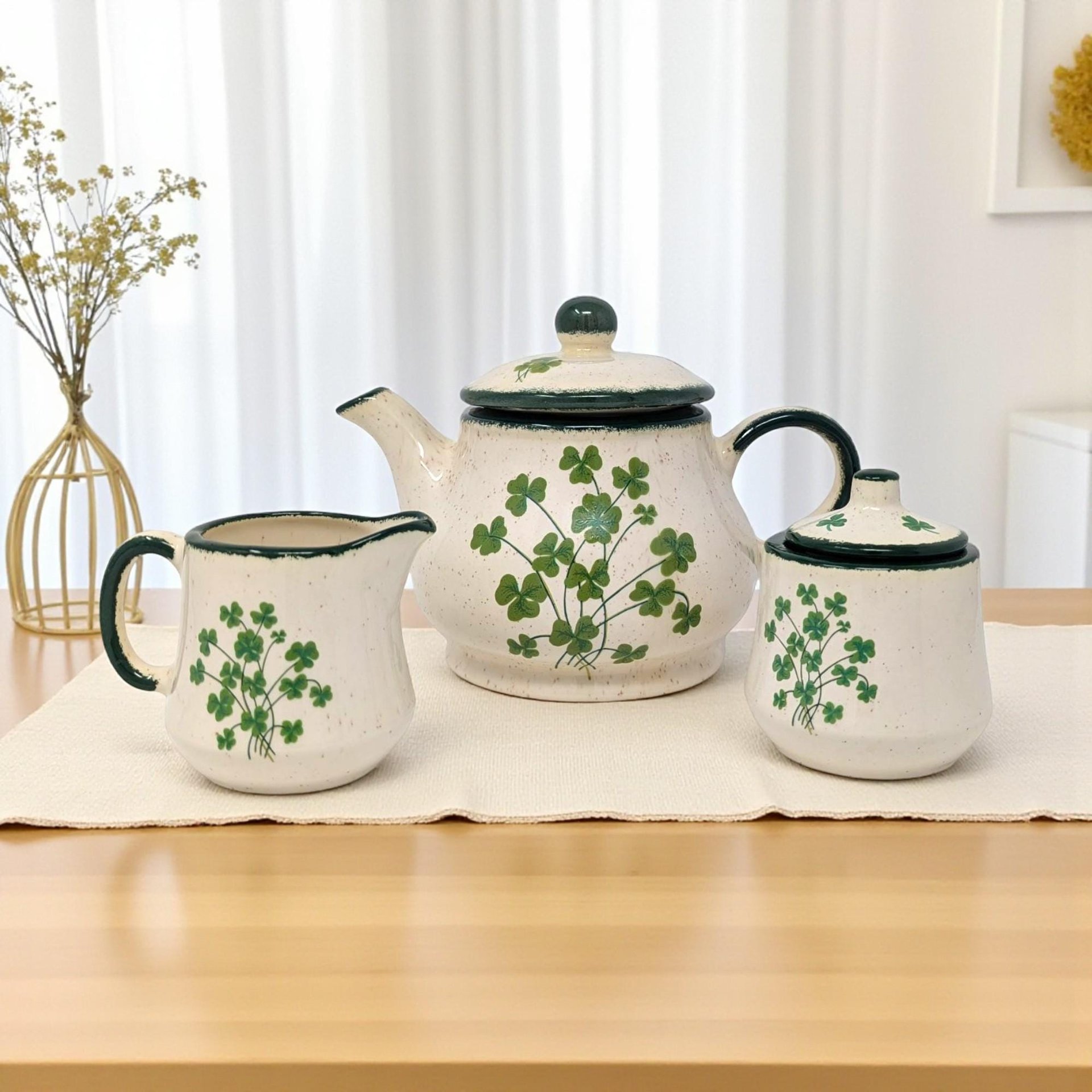 Vintage Irish Shamrock Tea Set: Pottery Teapot, Creamer, and Sugar