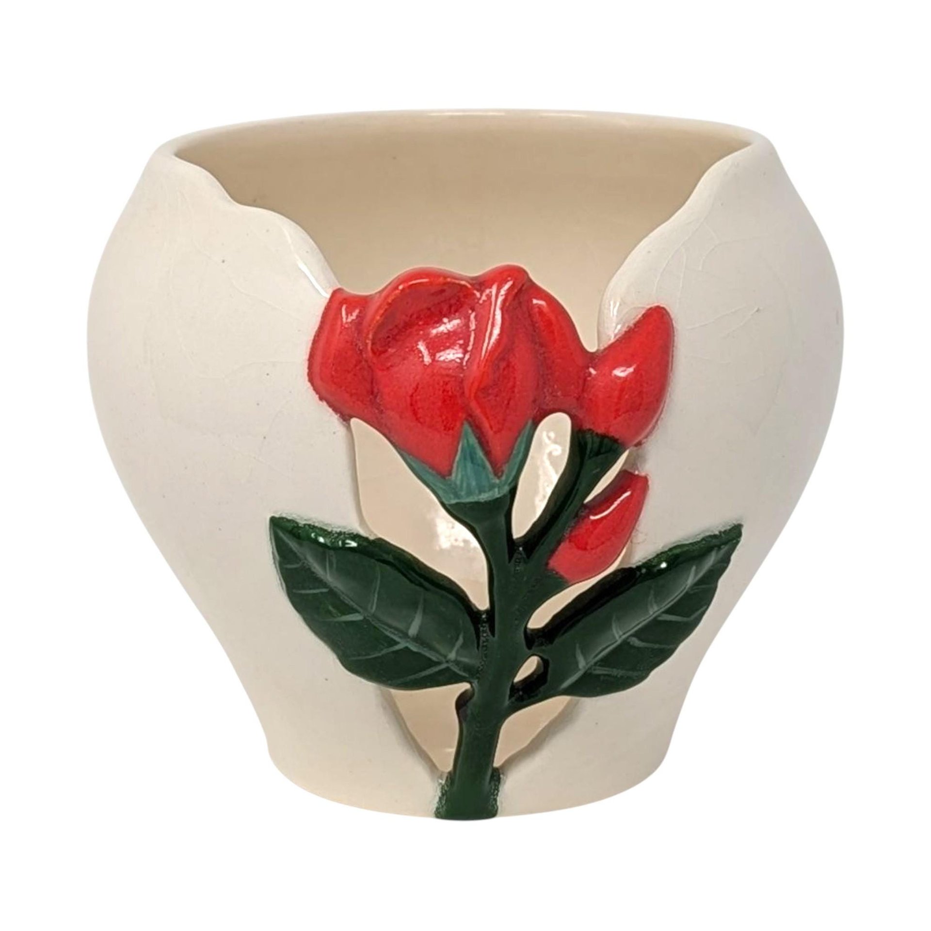 Vintage Alaskan Rose Planter: Ceramic Pot with Red Rose Relief
