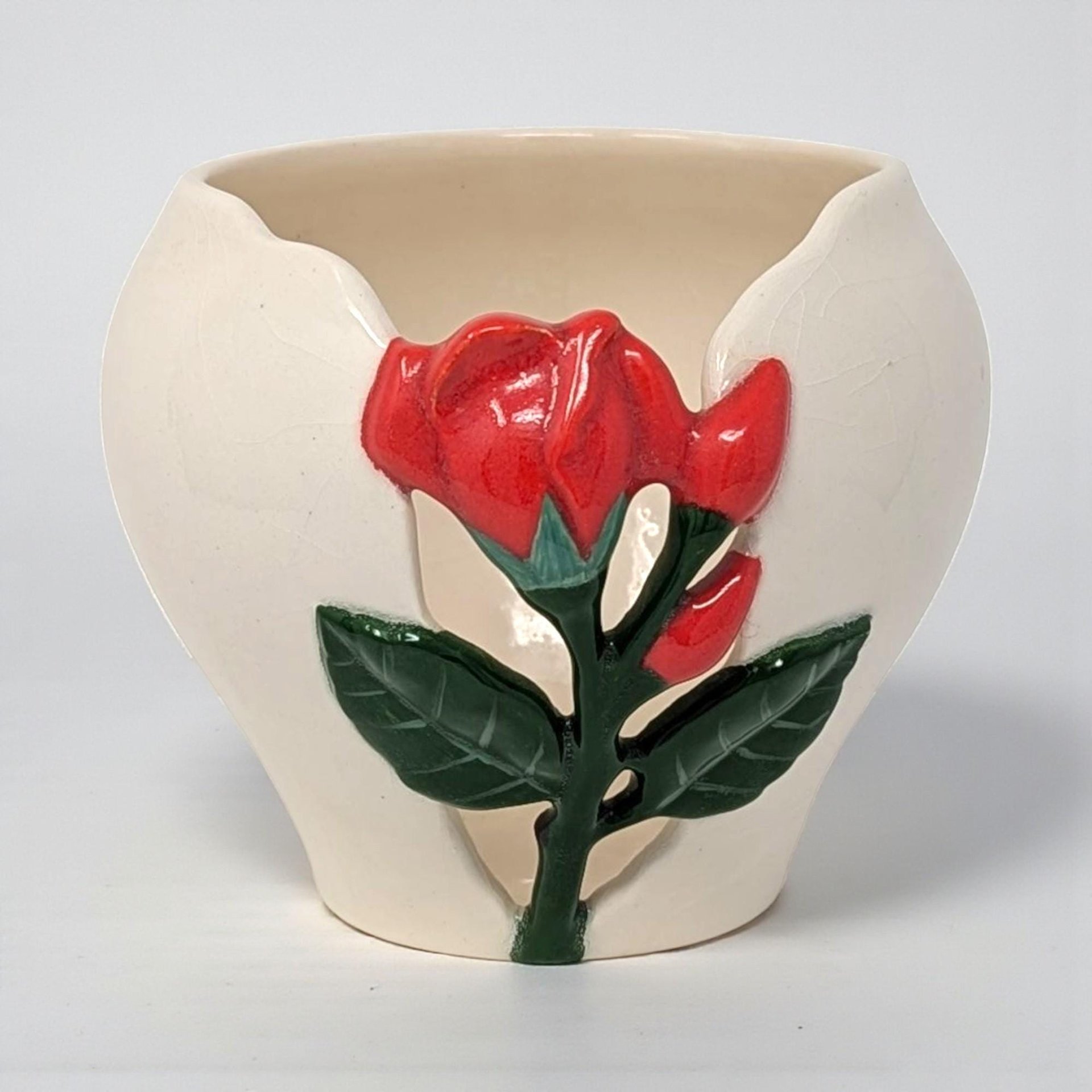 Vintage Alaskan Rose Planter: Ceramic Pot with Red Rose Relief