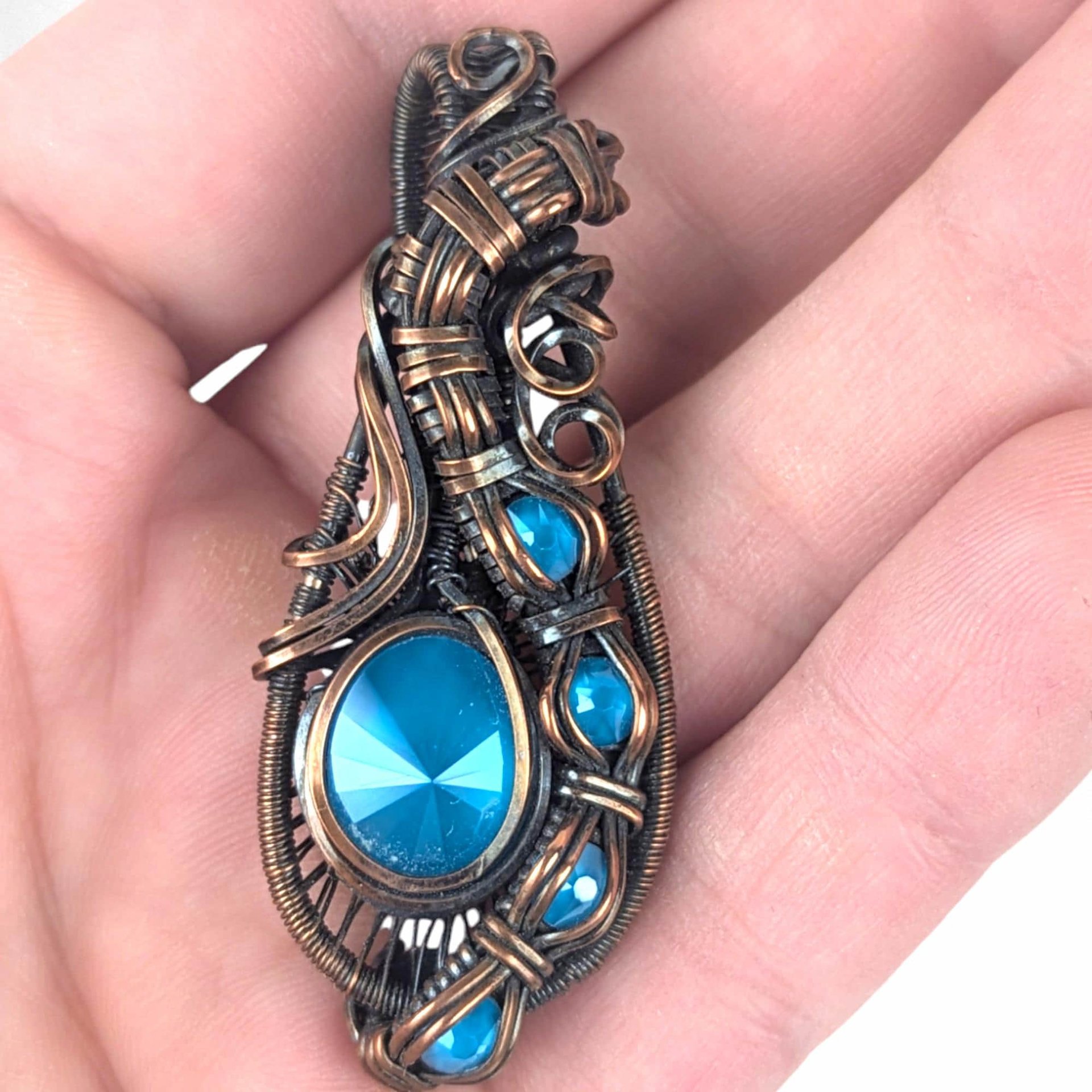 Copper Wire Wrapped Pendant: Blue Rivoli Crystal Necklace, Handmade Jewelry